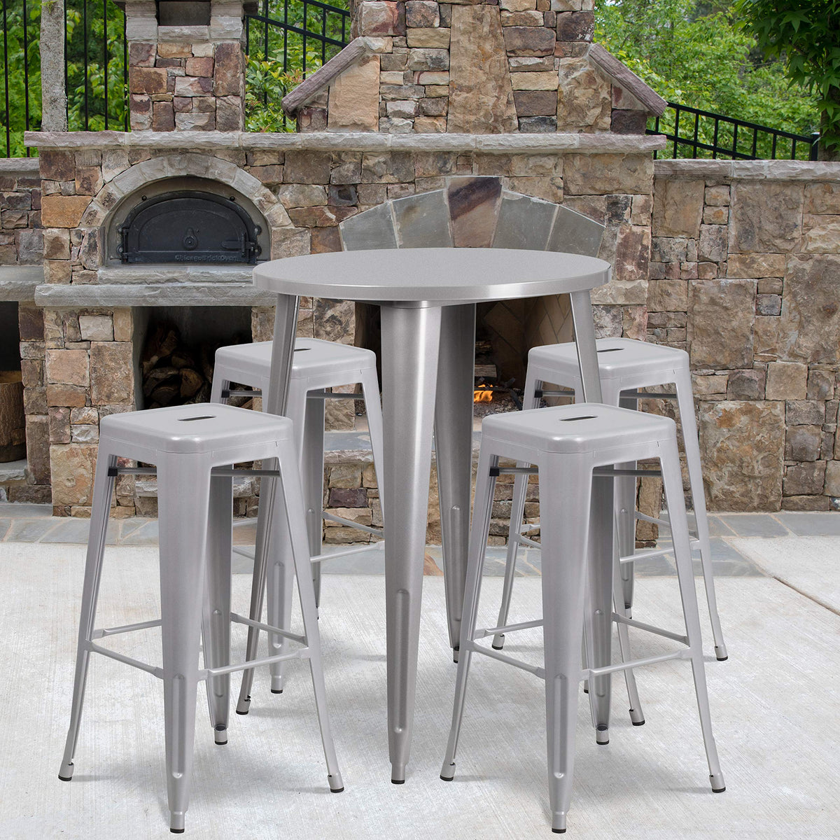 Flash Furniture Commercial Grade 30&quot; Round Silver Metal Indoor-Outdoor Bar Table Set with 4 Square Seat Backless Stools