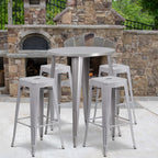 Flash Furniture Commercial Grade 30" Round Silver Metal Indoor-Outdoor Bar Table Set with 4 Square Seat Backless Stools