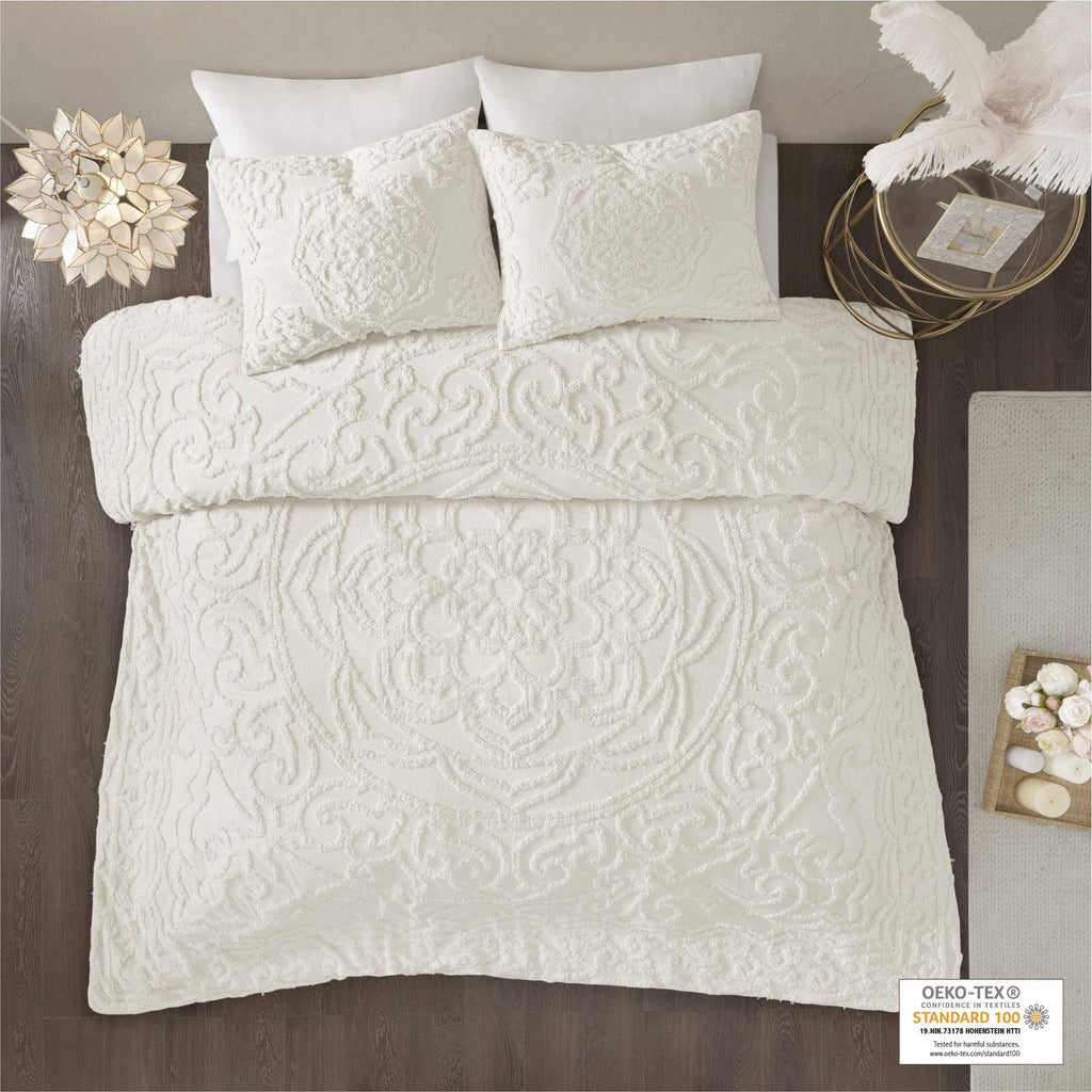 Madison Park Laetitia 100% Cotton Duvet Set - Chenille Tufted Medallion Design, All Season Cozy Bedding Shabby Chic Comforter Cover, Matching Shams, Floral Off White King/Cal King(104'X92') 3 Piece