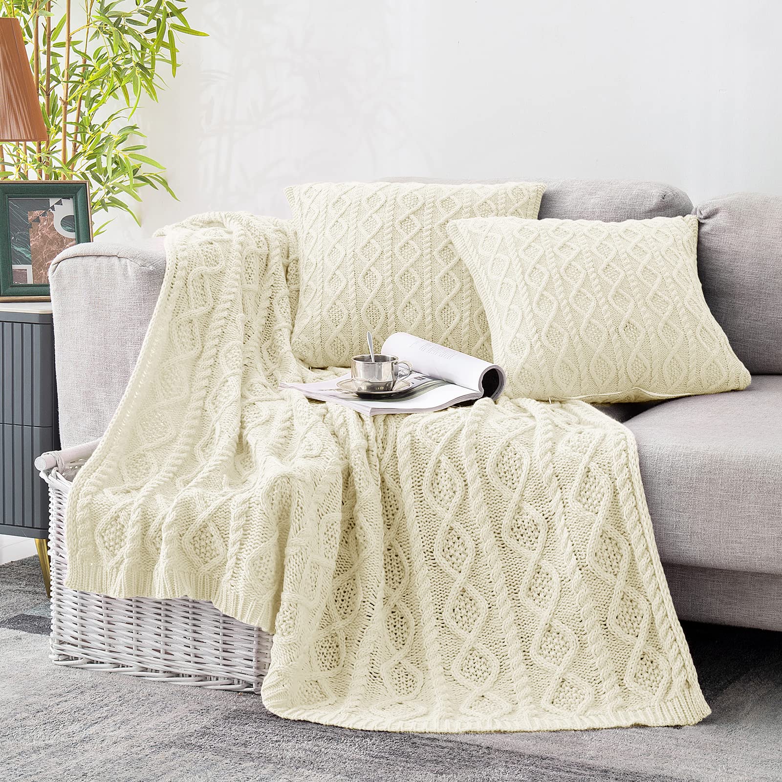 Homiest Cable Knit Throw Blanket & Pillow Set, Cream White Set Of 3, Knitted Blanket (50'X60') & 2 Pillow Covers (18'X18'),
