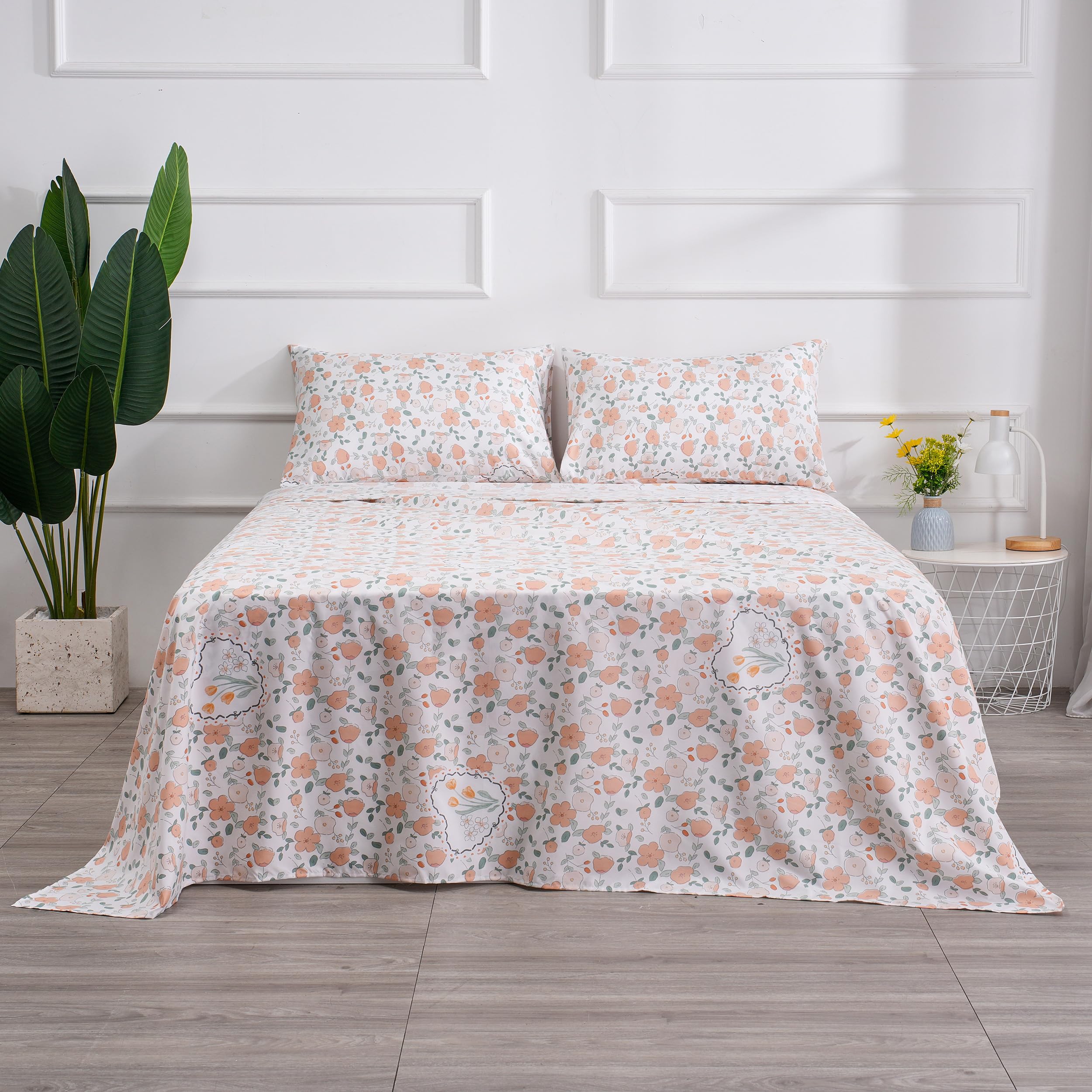 Orange Floral Printed Sheet Set Twin Size Super Soft Cute Sheets For Kids - Deep Pocket, Wrinkle Free Botanical Bed Sheets Set