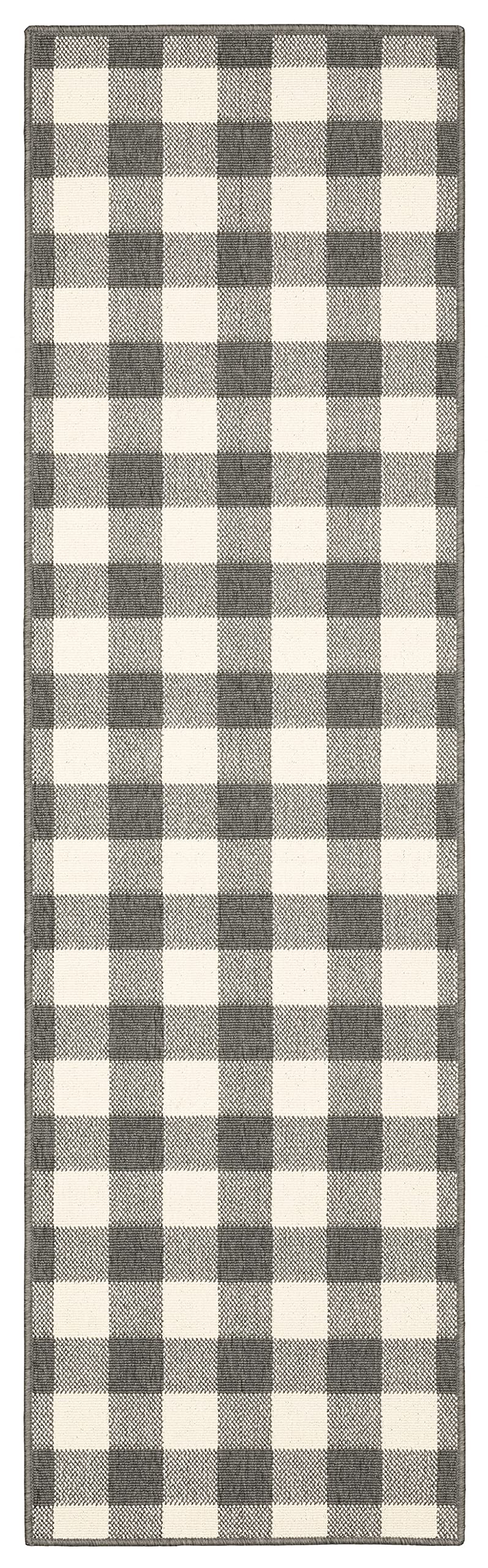 HomeRoots Grey Polypropylene 2’x8’ Gray and Ivory Gingham Indoor Outdoor Runner Rug