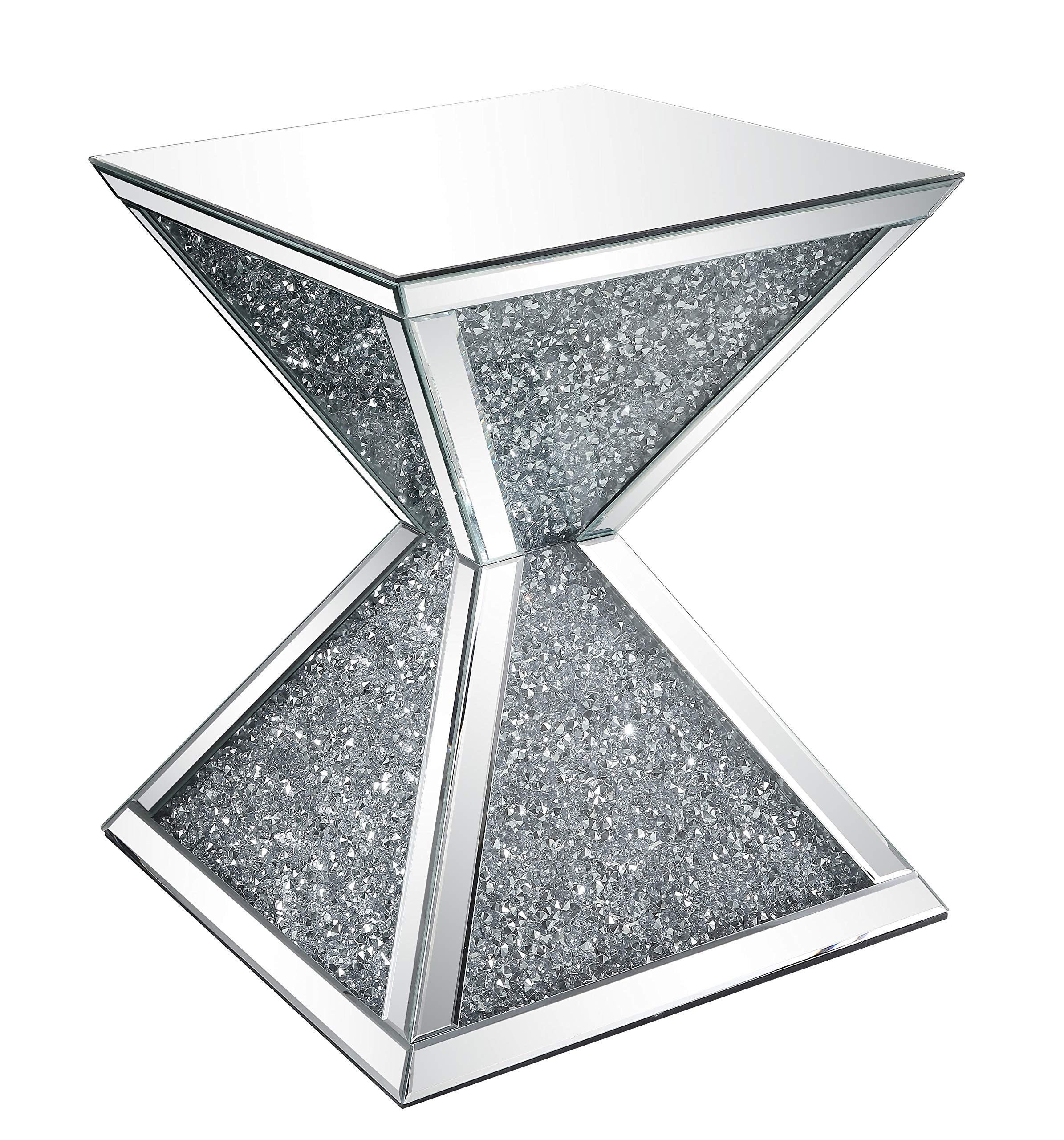 Benjara Sparkling End Table With Faux Diamonds Inlay, Silver And Clear