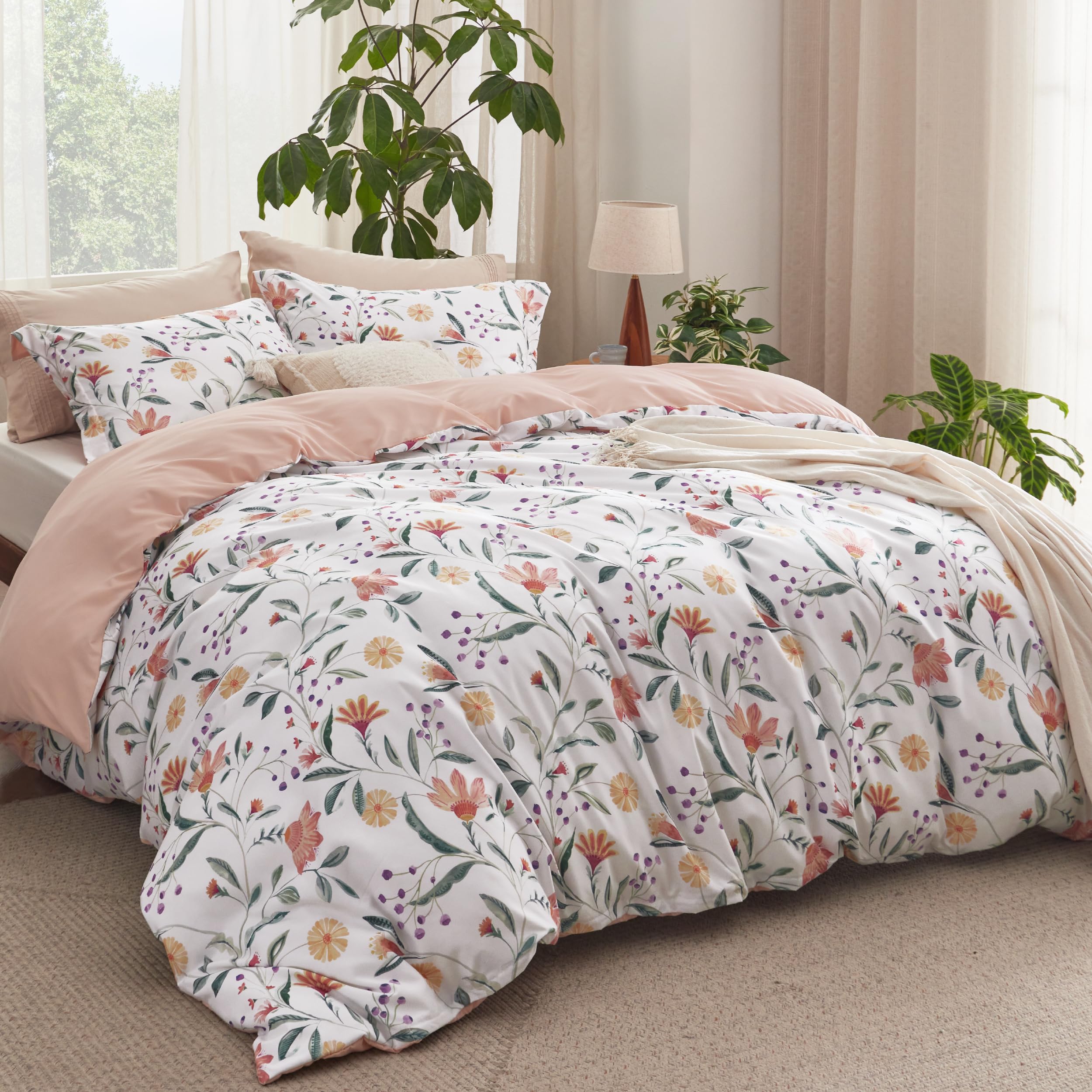 Bedsure Duvet Cover Queen Size - Reversible Floral Duvet Cover Set With Zipper Closure, 3 Pieces Pale Blush Bedding Set With 8 Corner Ties And 2 Pillow Shams 20'X26'