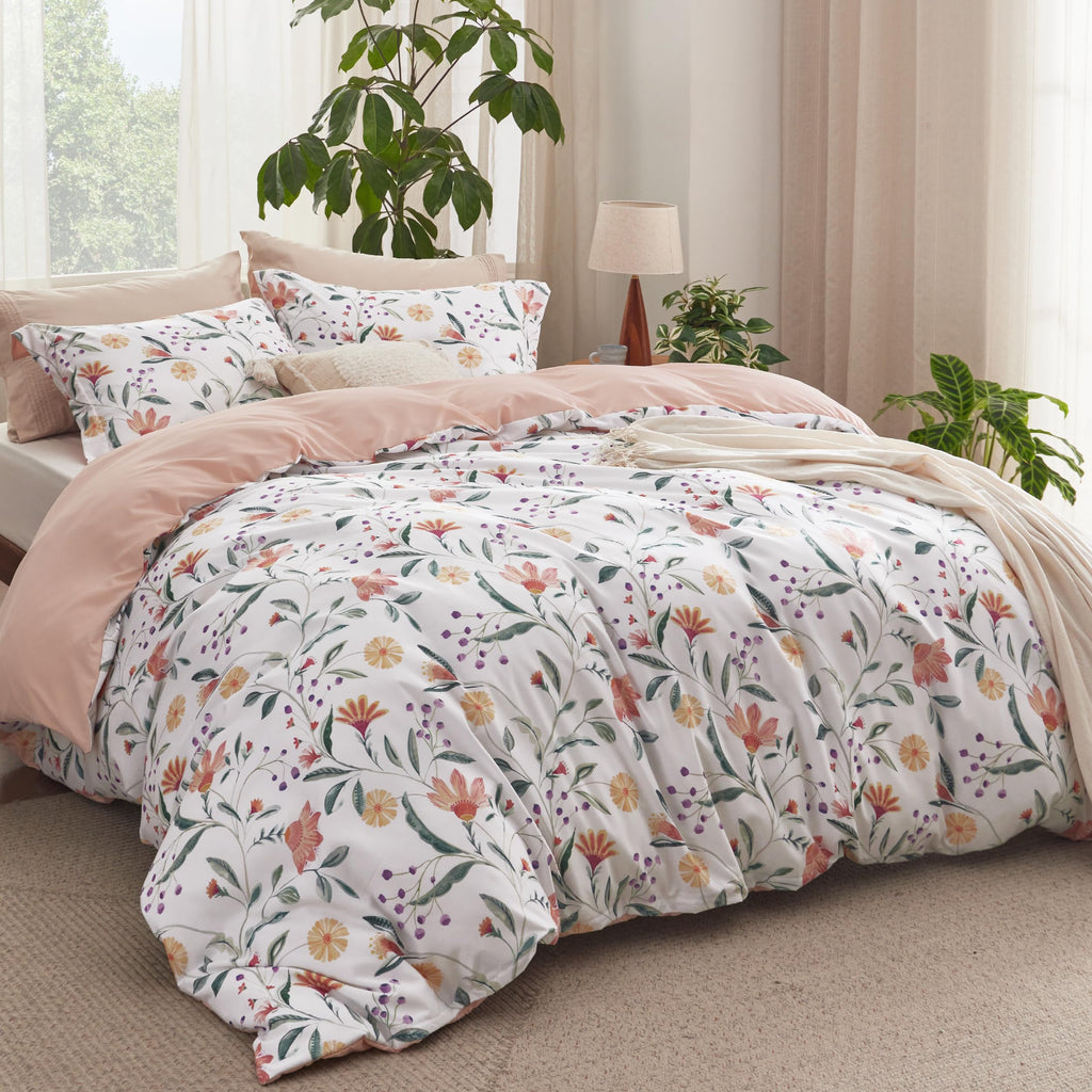 Bedsure Duvet Cover Queen Size - Reversible Floral Duvet Cover Set With Zipper Closure, 3 Pieces Pale Blush Bedding Set With 8 Corner Ties And 2 Pillow Shams 20'X26'