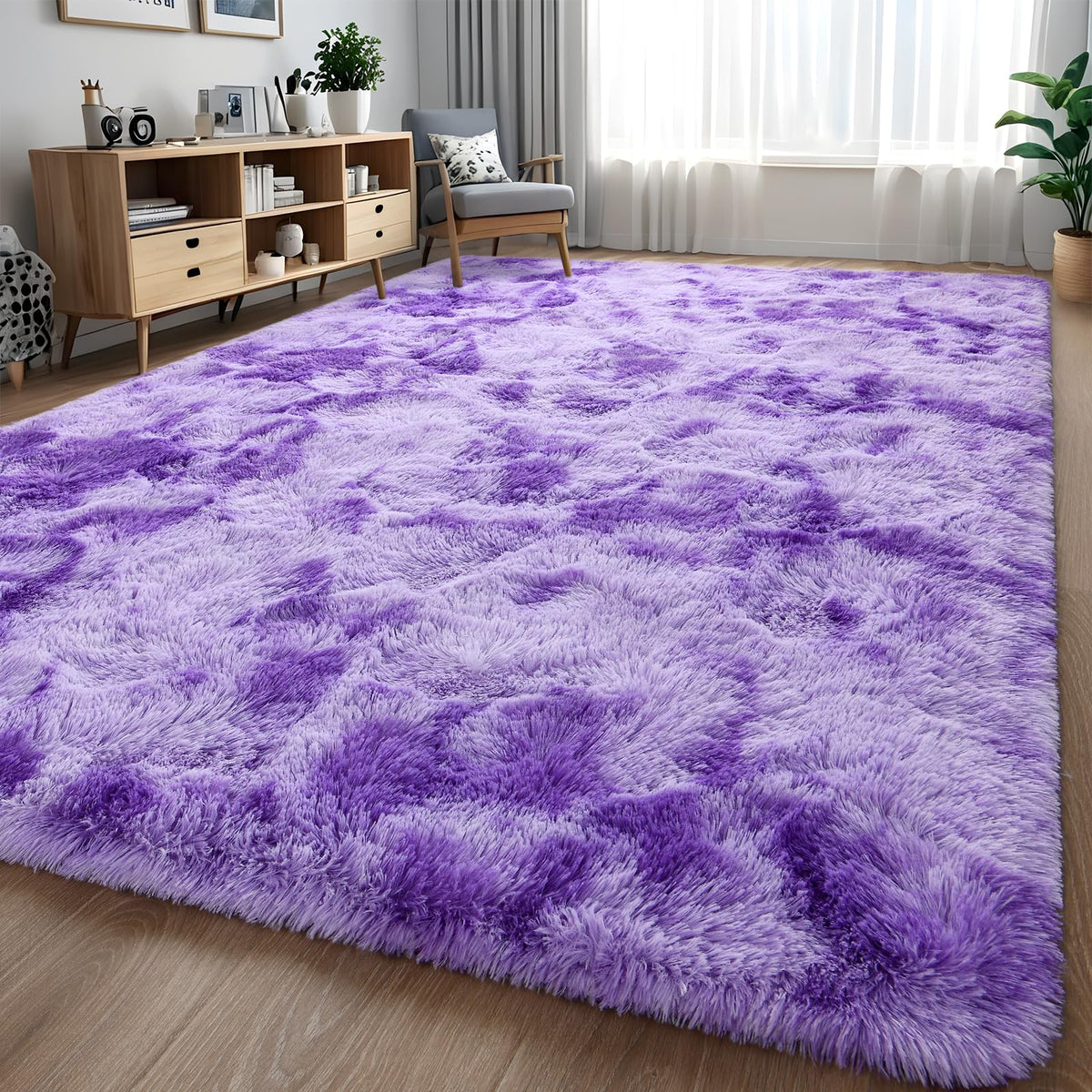 Larhom Purple Tie-Dyed Fluffy Area Rugs for Bedroom Living Room, 5x8 Feet Indoor Modern Shaggy Carpets, Thickened Plush Fuzzy Ru