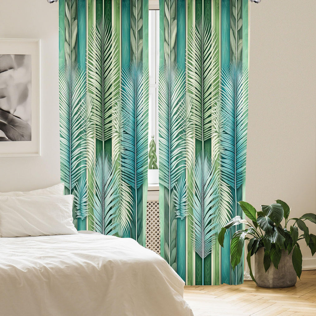 Ambesonne Jungle Curtains, Tropical Palm Leaves Like Feathers On Abstract Botanical Stripes, Window Treatments 2 Panel Set For L