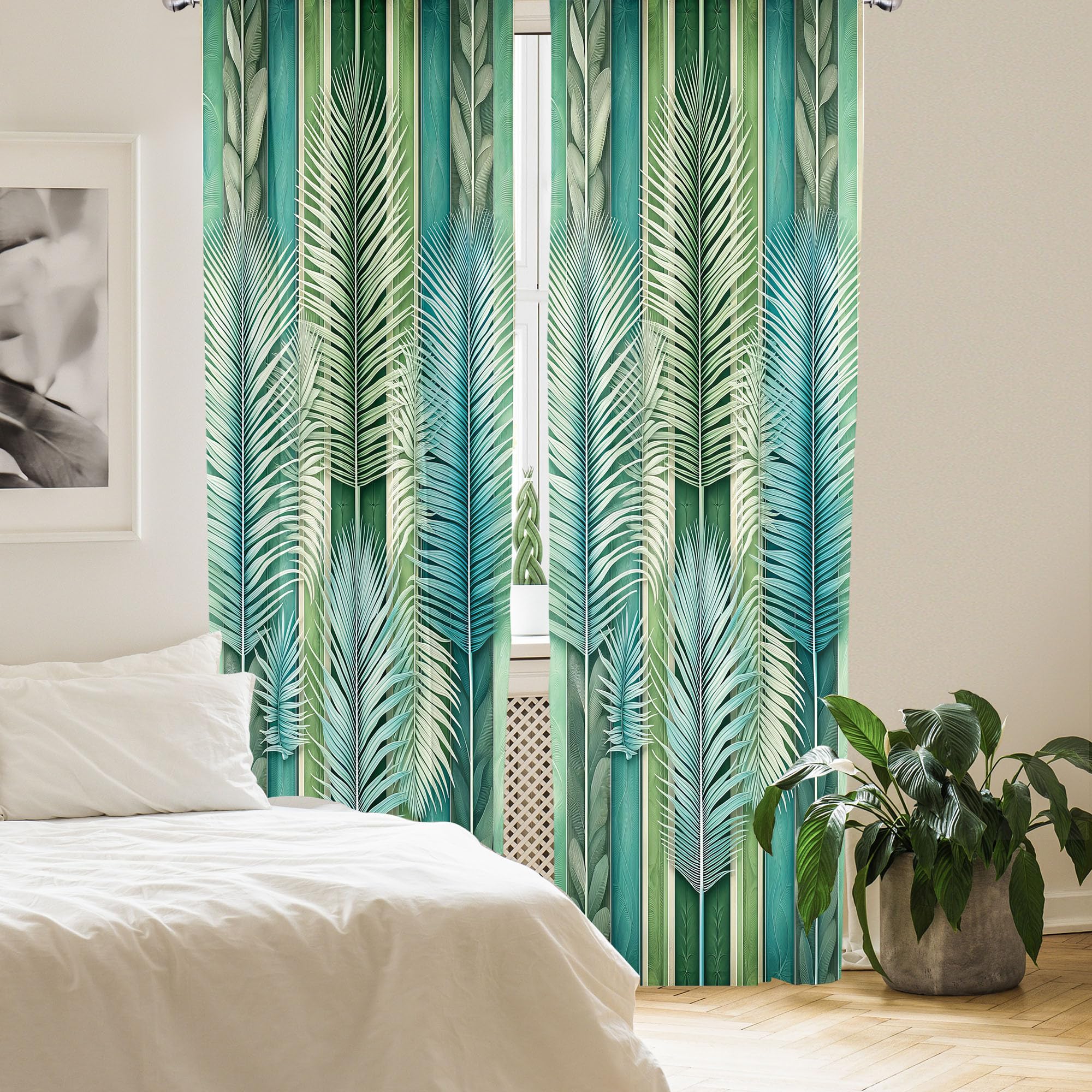 Ambesonne Jungle Curtains, Tropical Palm Leaves Like Feathers On Abstract Botanical Stripes, Window Treatments 2 Panel Set For L