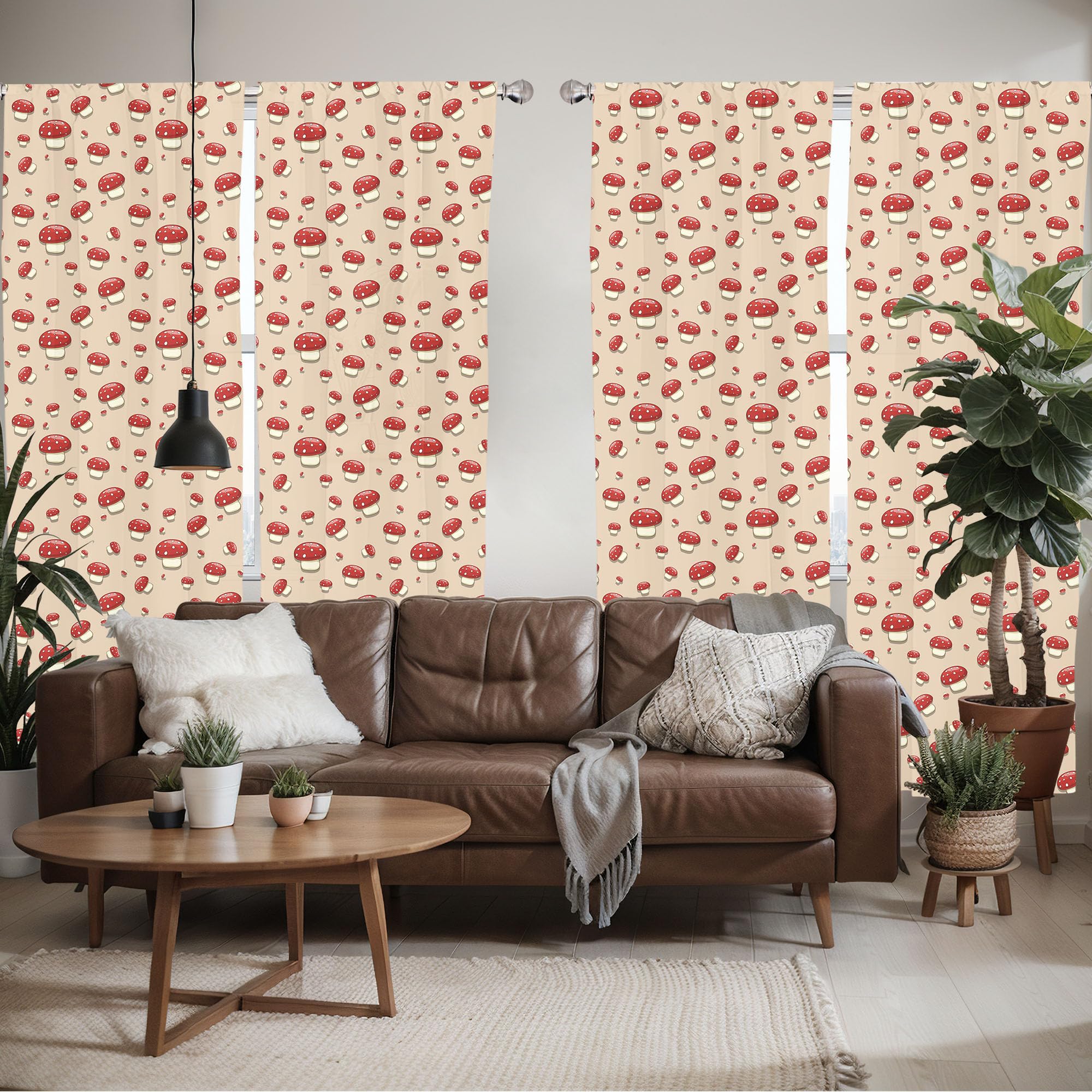 Ambesonne Mushroom Window Curtains Pack Of 2, Woodland Themed Illustration Of Spotted Toadstool Summer Season Forest Cartoon, Li