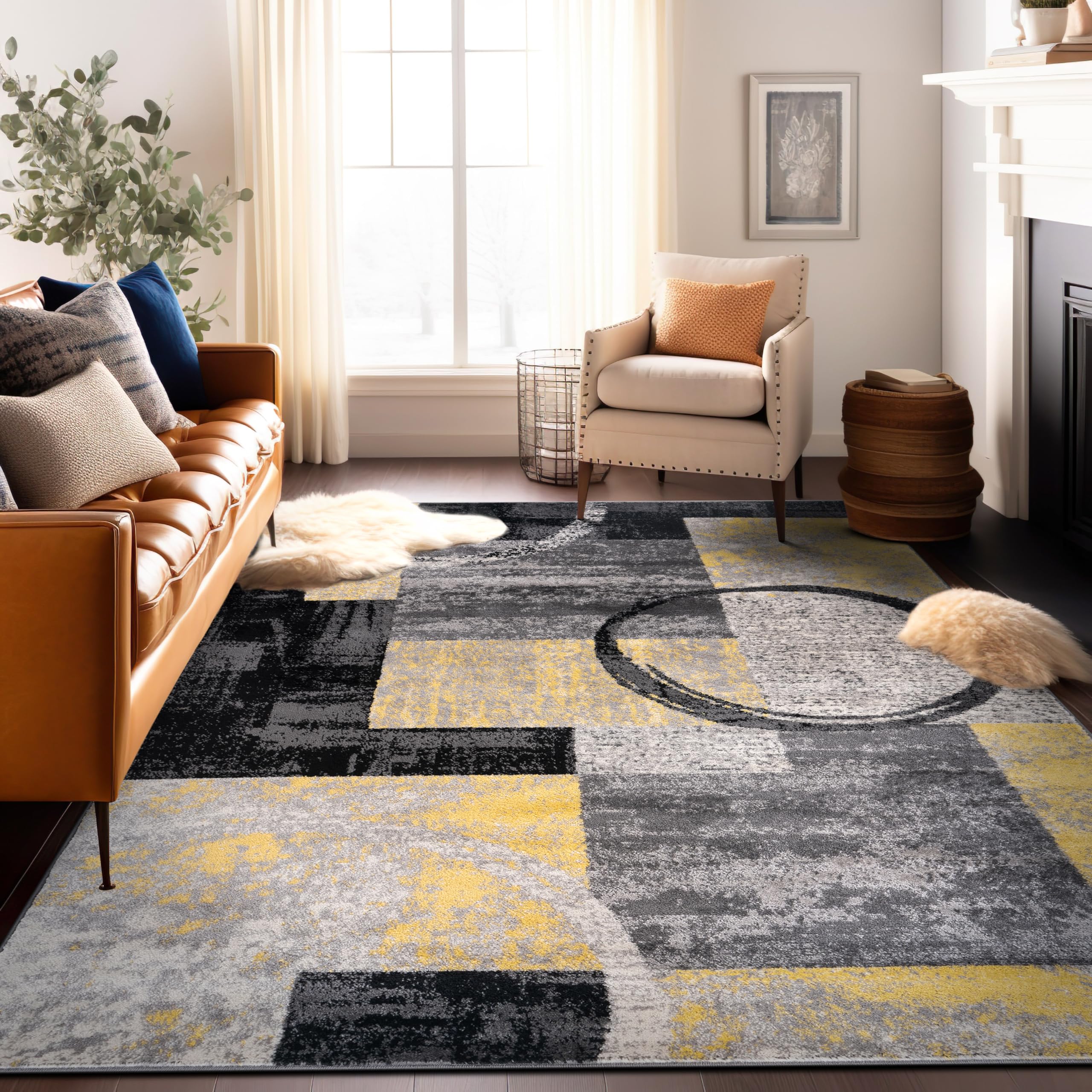 Rugshop Contemporary Abstract Circle Design Soft Area Rug 8'8'' x 12' Yellow