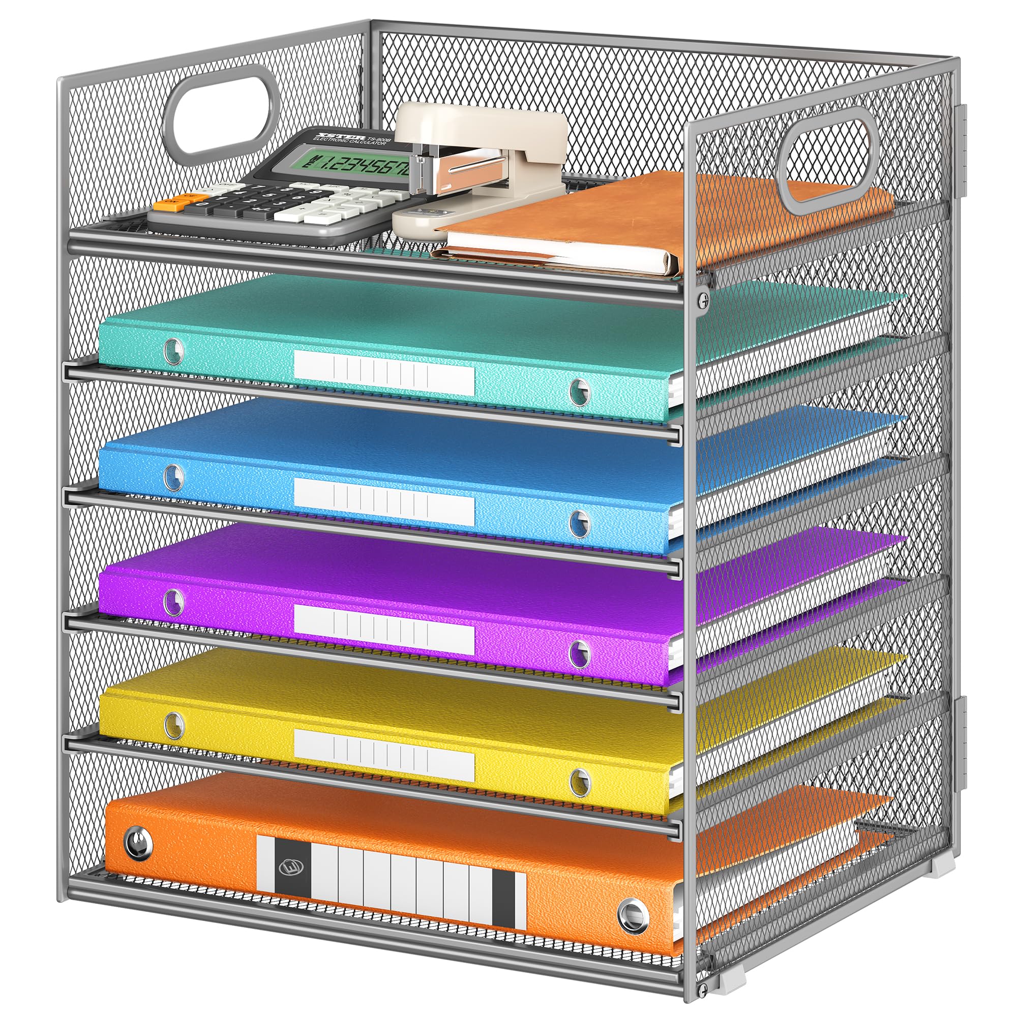 6 Tray Paper Organizer Letter Tray With Handle - Mesh Desk File Folder Holder, Paper Sorter For Office, Home Or School - Silver