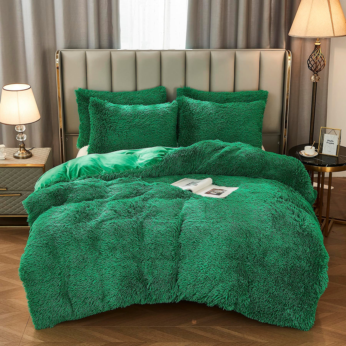 Werdim Shaggy Fluffy Faux Fur Duvet Cover Set Button Closure Velvety Bedding Set Comforter Cover With Pillowcases Emerald Green,