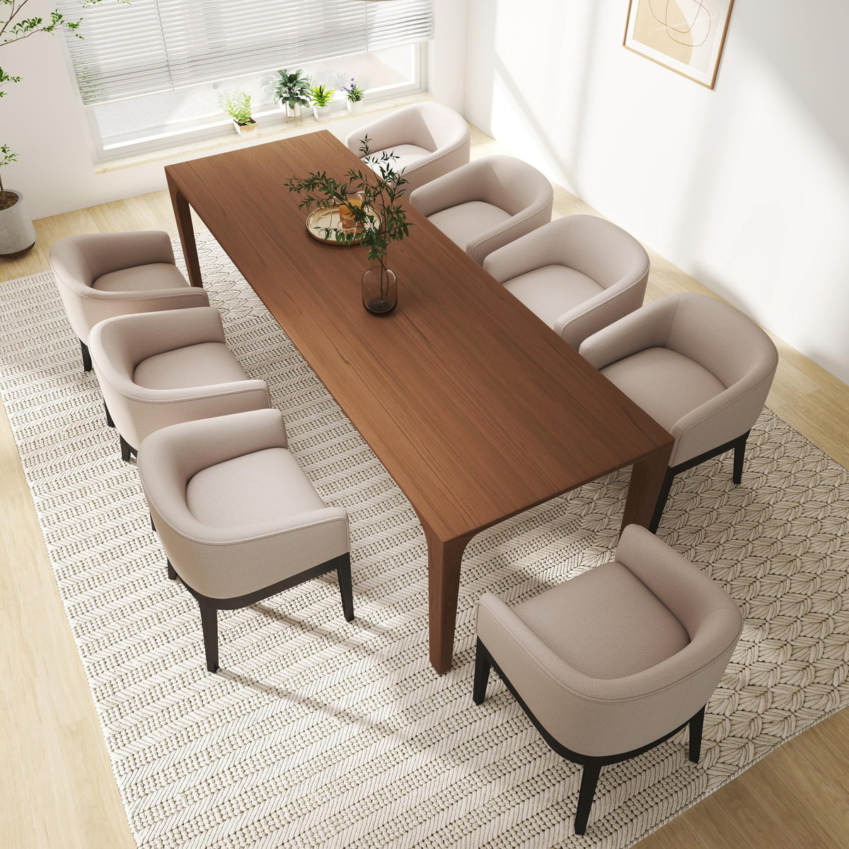 Rivova Mid-Century Modern Beige Dining Chairs Set Of 8, Linen Upholstered Kitchen Dining Room Chairs With Black Wood Legs, Curve