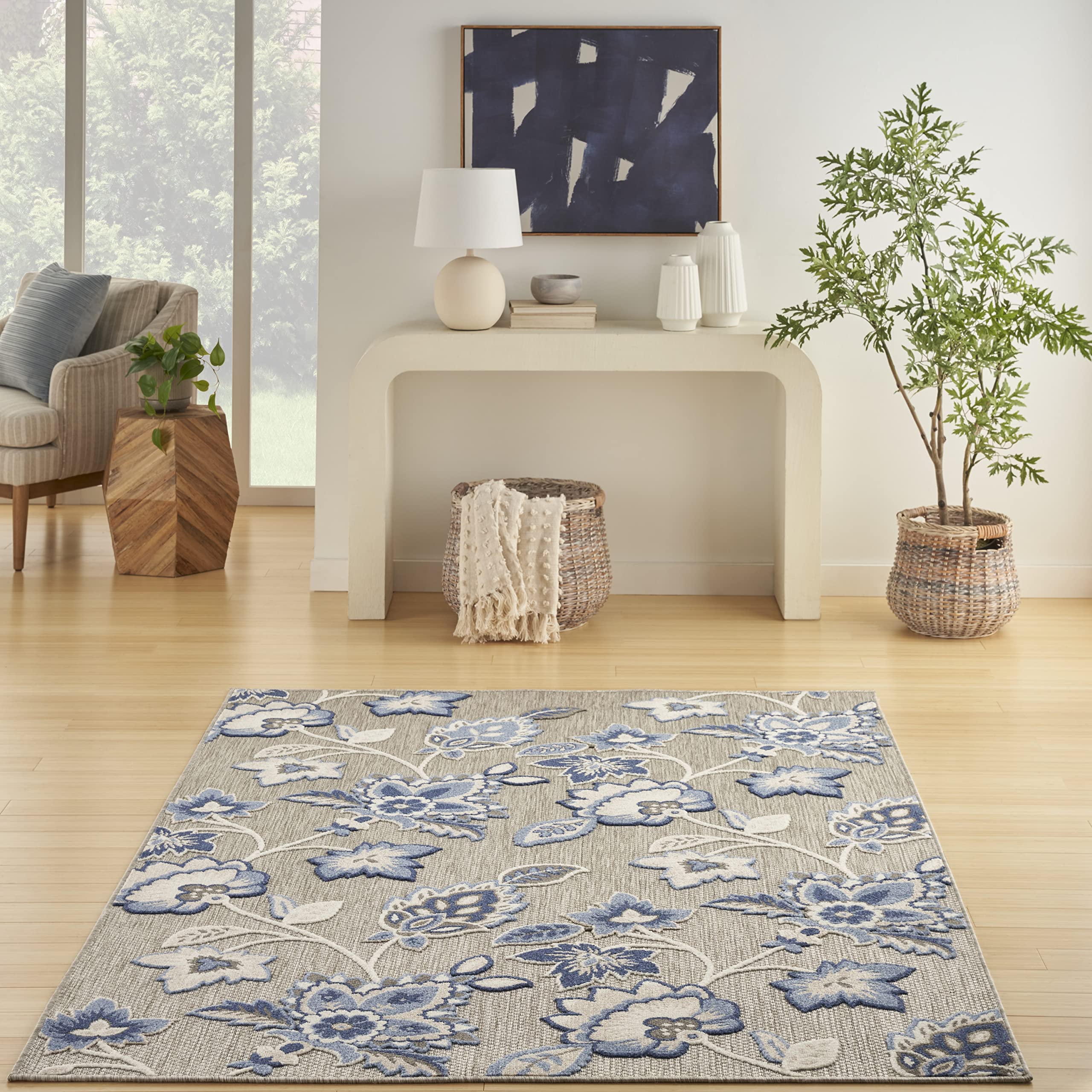 Nourison Aloha Indoor/Outdoor Modern Blue/Grey 7'10' X 10'6' Area Rug, Easy Cleaning, Non Shedding, Bed Room, Living Room, Dining Room, Kitchen (8X11)