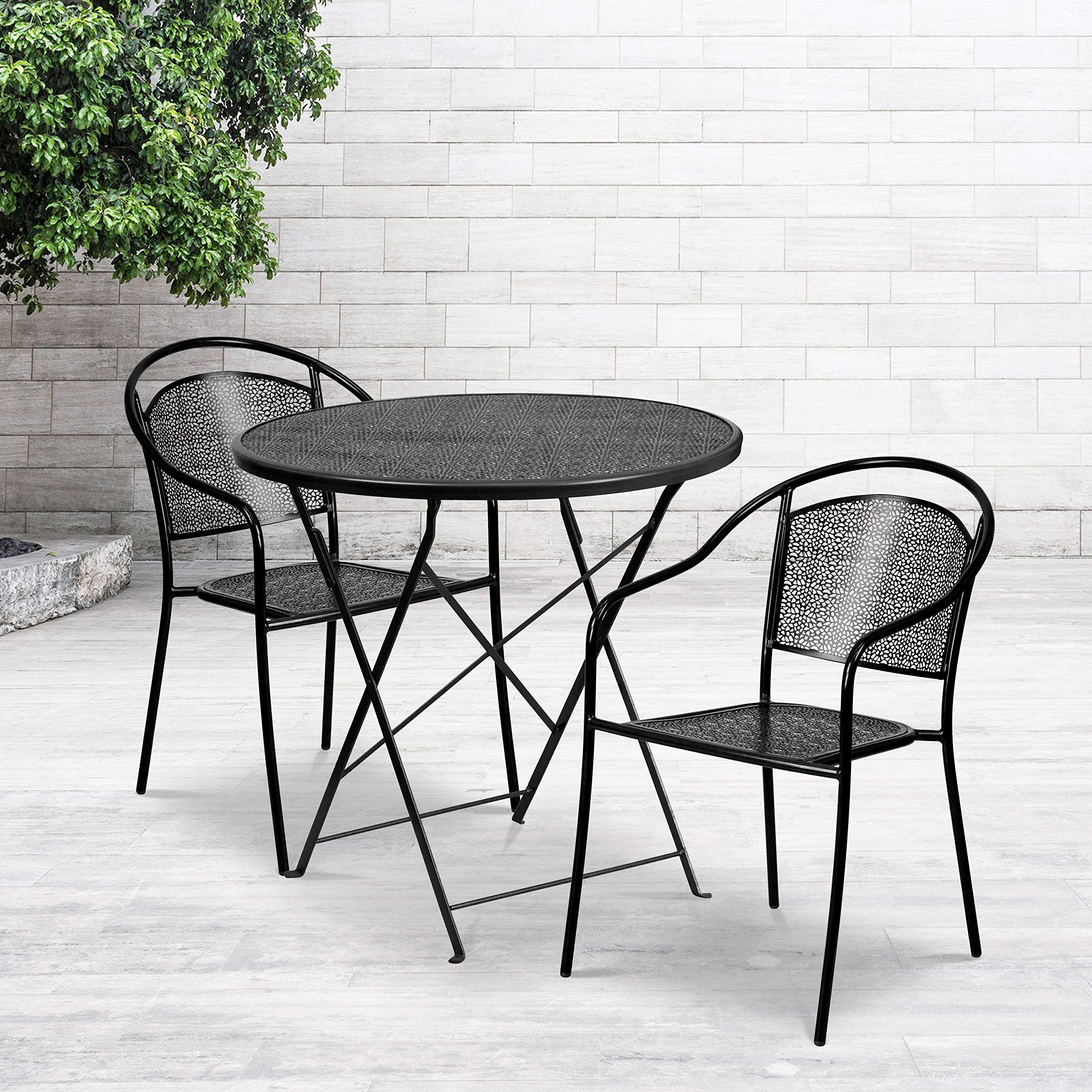 Flash Furniture Commercial Grade 30' Round Black Indoor-Outdoor Steel Folding Patio Table Set With 2 Round Back Chairs