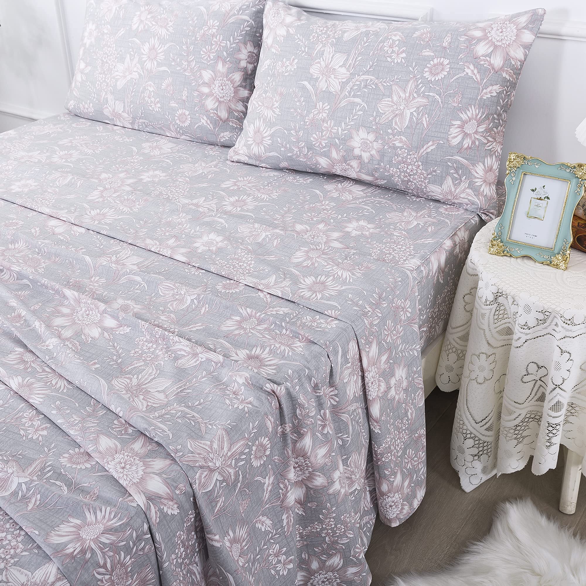 Fadfay Sheets Set Twin Xl Shabby Pink And Grey Floral Bedding Vintage Sunflower Bedding 600Tc Elegant Summer Bedding 100% Cotton