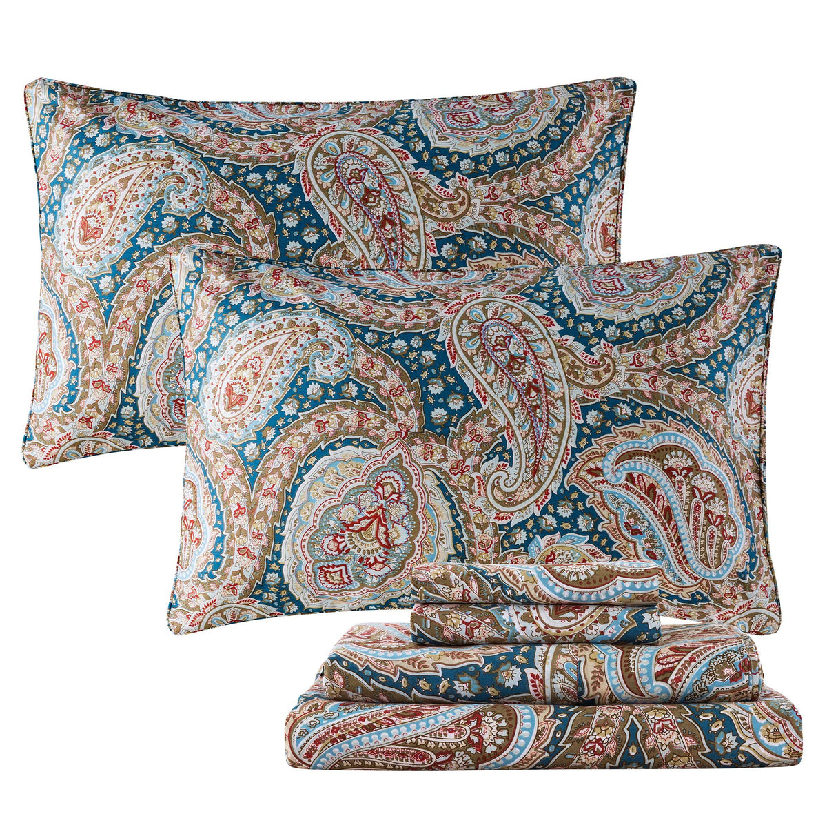 Fadfay Luxury Paisley Sheets Set Twin Classy Blue And Gold Floral Farmhouse Bedding Elegent Blue Paisley Bedding Set 100% Cotton