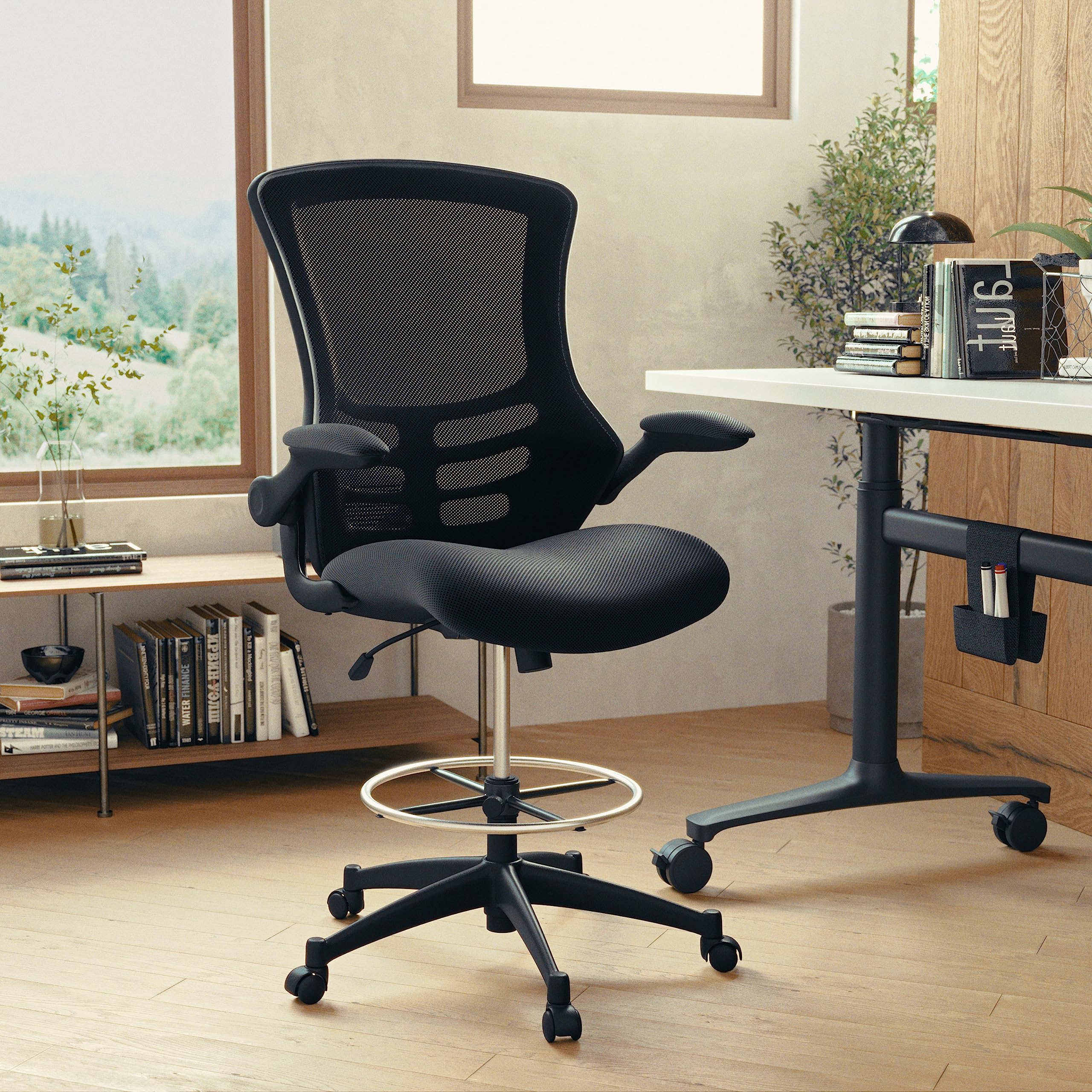 Flash Furniture Kelista Mid-Back Swivel Office Chair with Adjustable Seat Height, Ergonomic Mesh Desk Chair with Flip-Up Armrests, Black