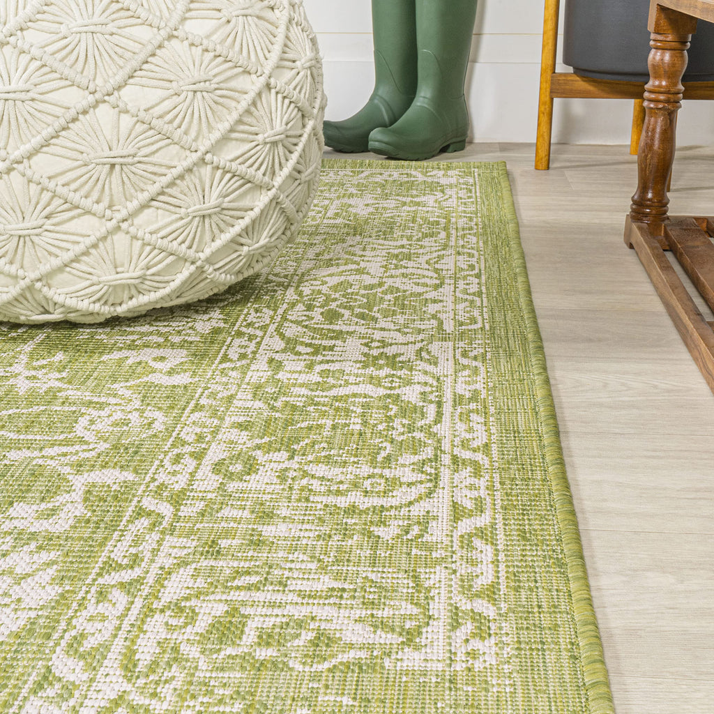 Jonathan Y Smb100D-5R Tela Bohemian Textured Weave Floral Indoor Outdoor Area-Rug, Coastal, Traditional, Transitional Easy-Cleaning,Bedroom,Kitchen,Backyard,Patio,Non Shedding, Green/Cream, 5' Round