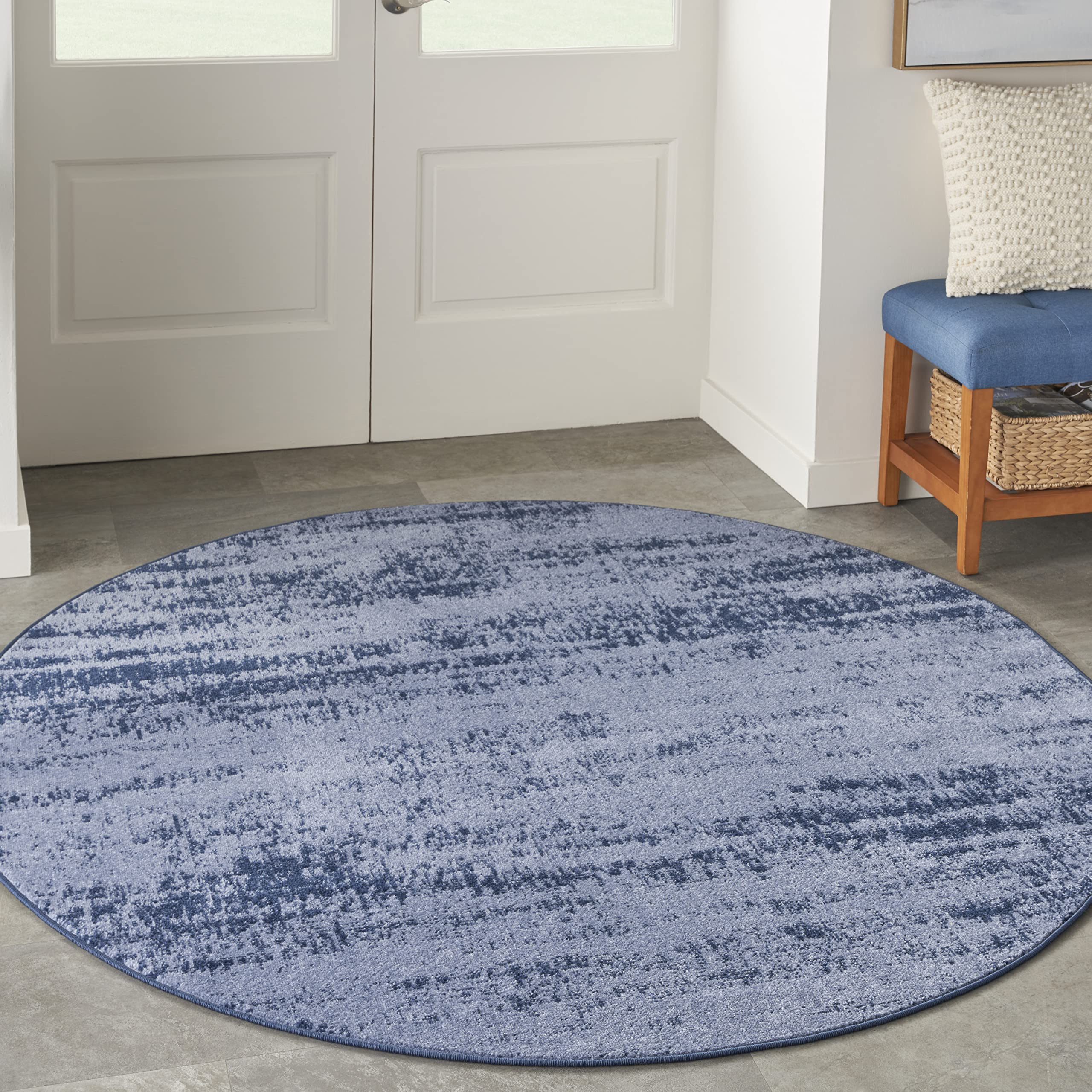 Nourison Essentials Indoor/Outdoor Solid Abstract Denim 4' X Round Area Rug, Easy Cleaning, Non Shedding, Bed Room, Living Room, Dining Room, Backyard, Deck, Patio (4 Round)