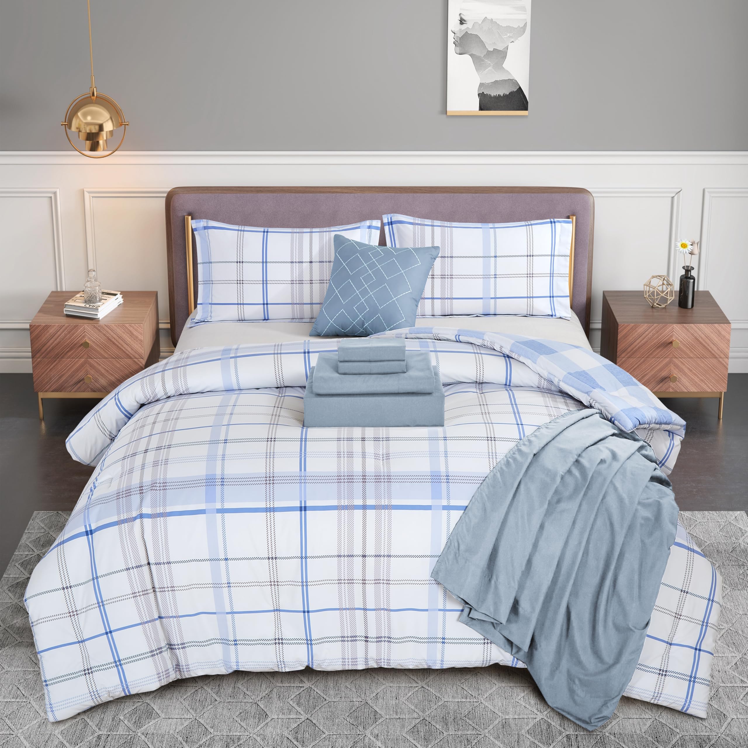 Elegant Comfort Silky Soft 8-Piece Plaid Lodge Bed-In-A-Bag Comforter Set, Includes 4Pc Smart Sheet Set, Comforter, Decorative Pillow, Matching Pillowcases And Shams - King/California King, Aqua