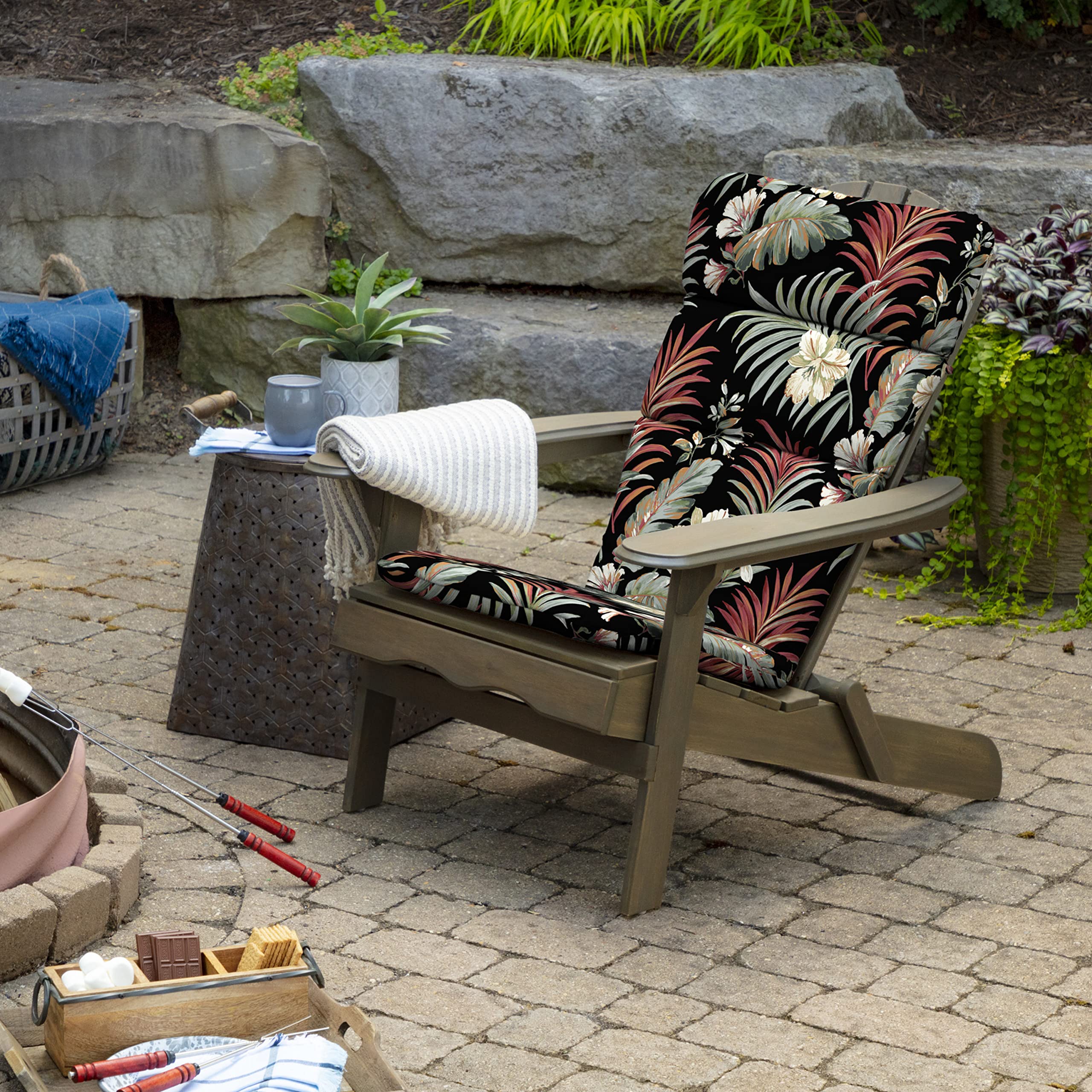 Arden Selections Outdoor Adirondack Or Rocking Chair Cushion, 20 X 17, Rain-Proof, Fade Resistant 17 X 20, Simone Black Tropical