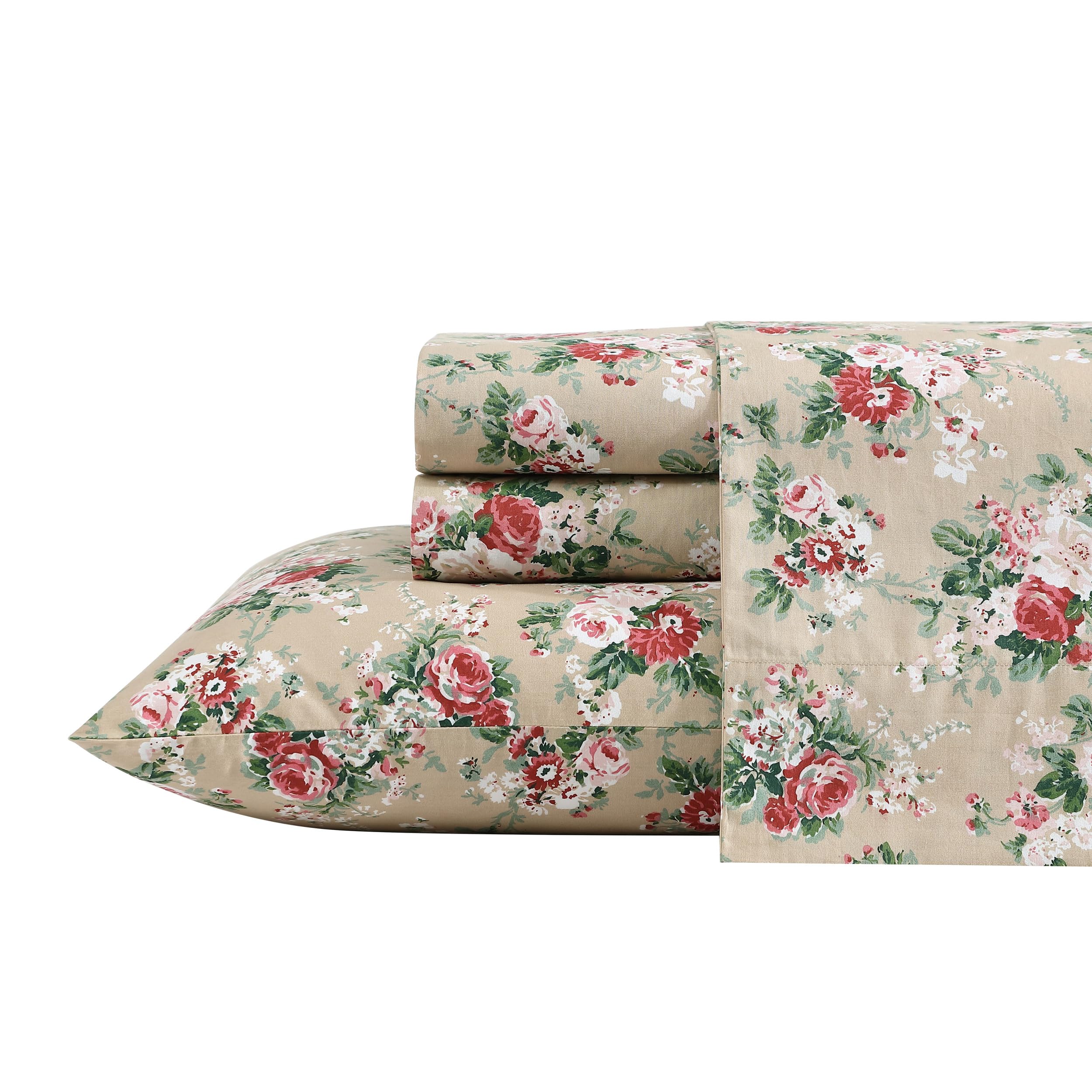 Laura Ashley - King Sheets, Cotton Percale Bedding Set, Crisp & Cool Home Decor (Ashfield Beige, King)