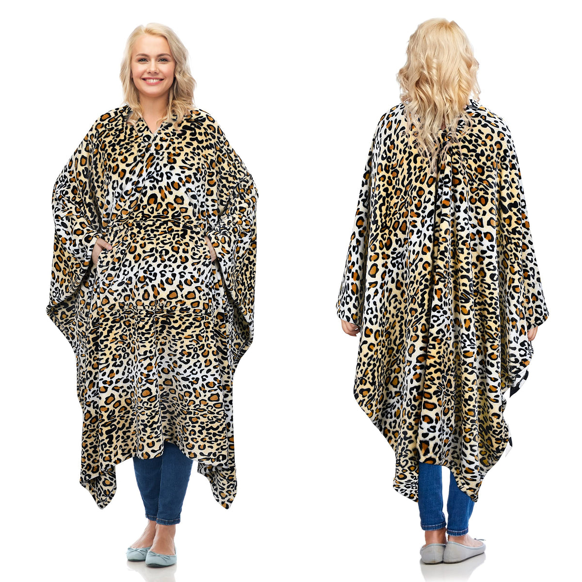 Catalonia Cheetah Print Fleece Wearable Blanket Poncho For Adult Women Men, Travel Wrap Blanket Cape With Pocket | Warm, Soft, C