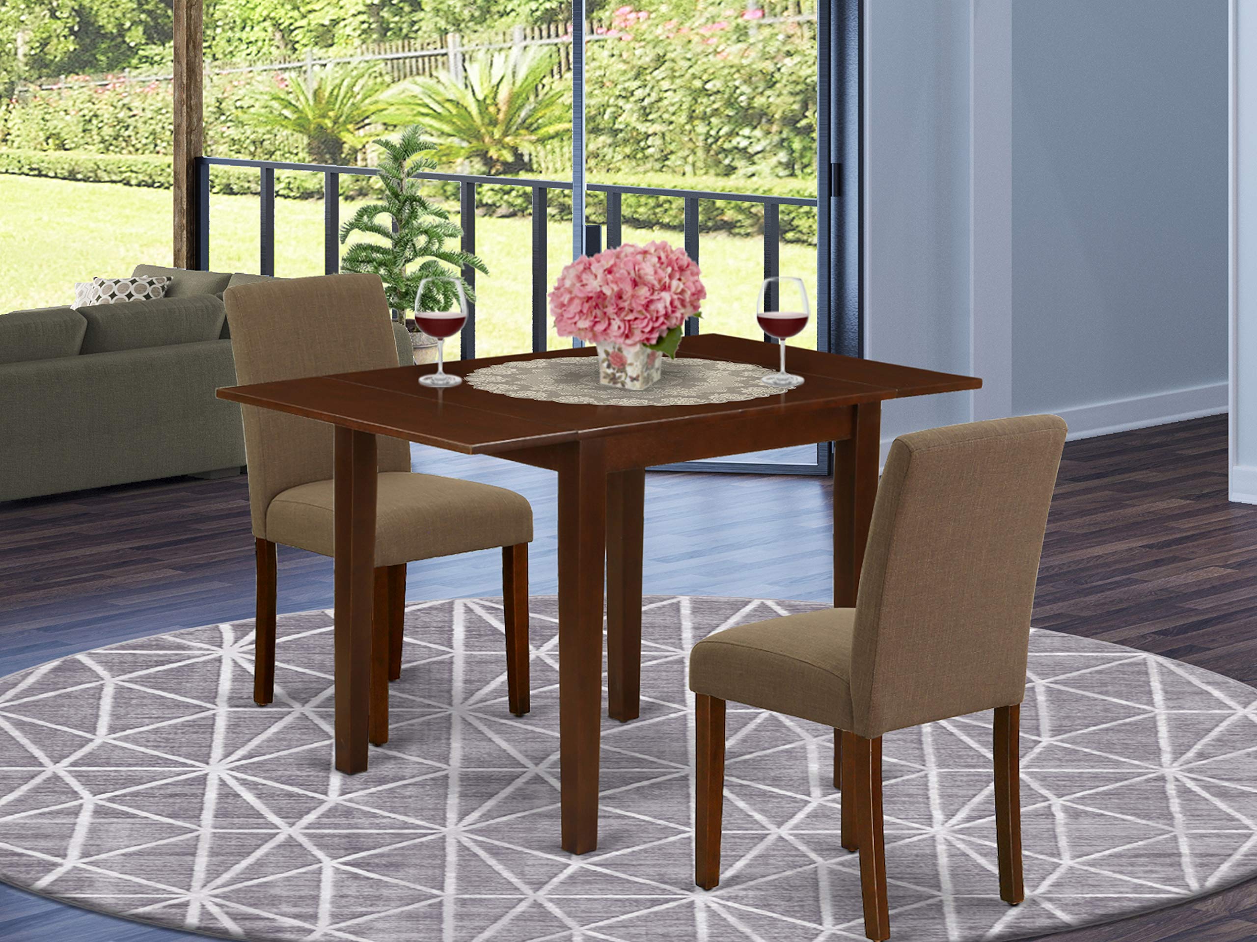 East West Furniture 1NDAB3-MAH-18 3 Piece Kitchen Set Contains a Rectangle Room Table with Dropleaf and 2 Coffee Linen Fabric Parson Dining Chairs, 30x48 Inch