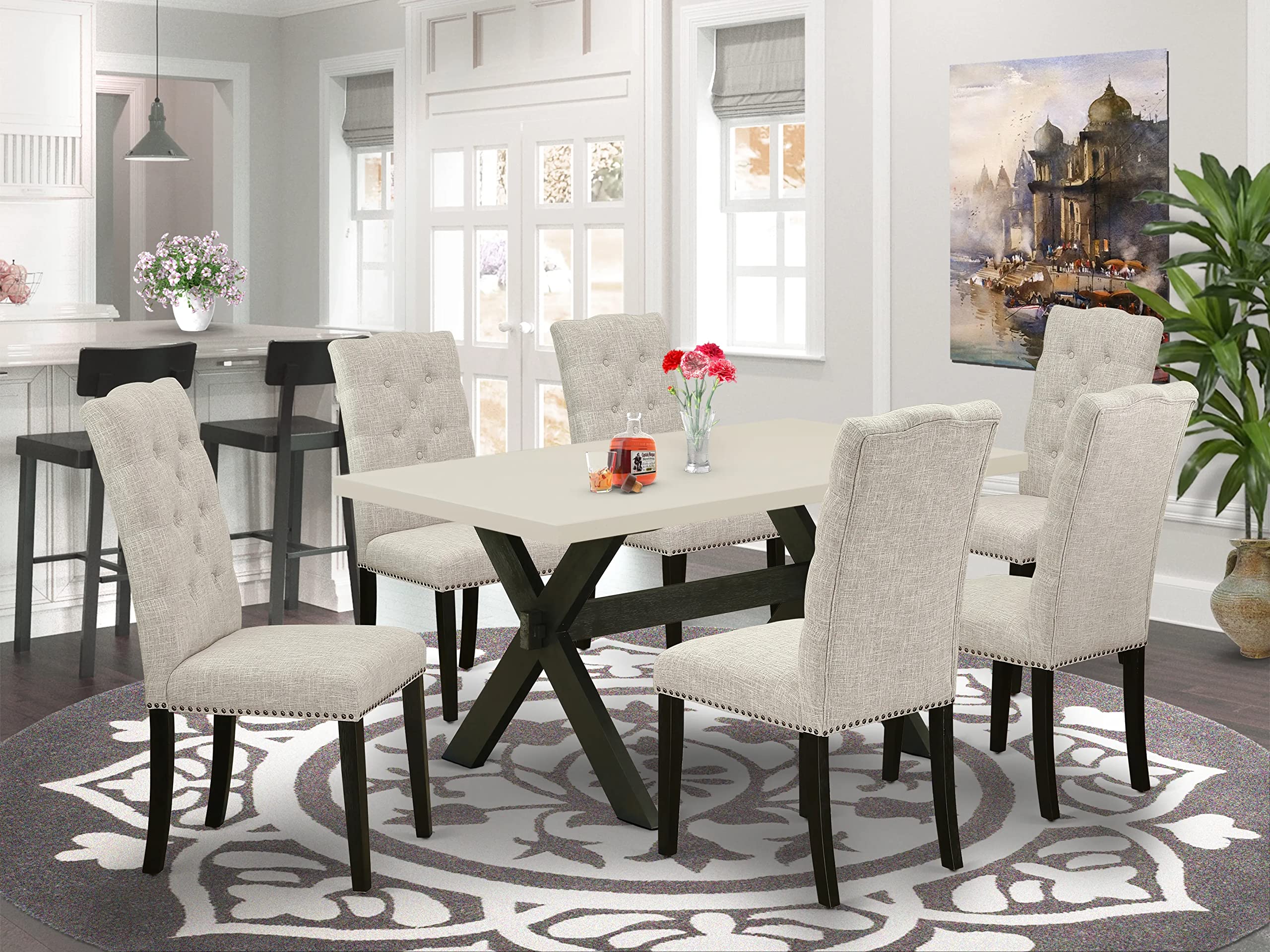 East West Furniture X626El635-7 7 Piece Dinette Set Consist Of A Rectangle Dining Room Table With X-Legs And 6 Doeskin Linen Fabric Parsons Dining Chairs, 36X60 Inch, Multi-Color