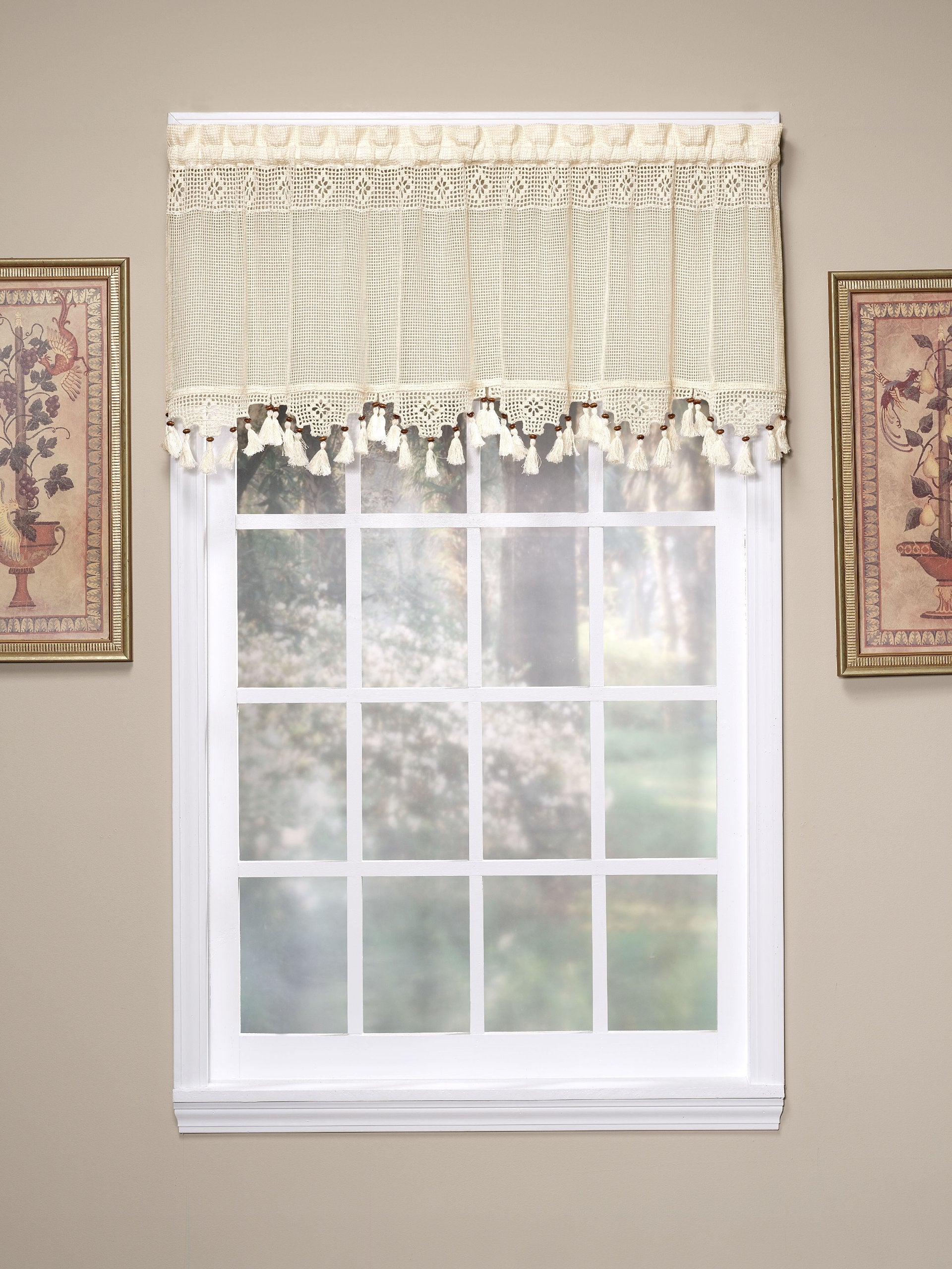 Todays Curtain Gettysburg Knitted 20-Inch Crochet with Beaded Tassel Valance, Ecru