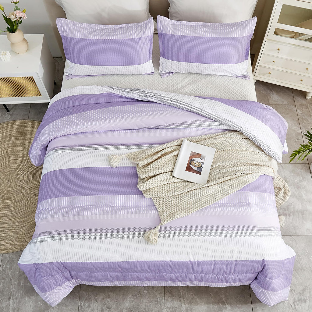Litanika Lavender Comforter Set King - 3 Pieces Lightweight Lavender Purple White Colorblock Stripe Fluffy Bedding Comforter Set
