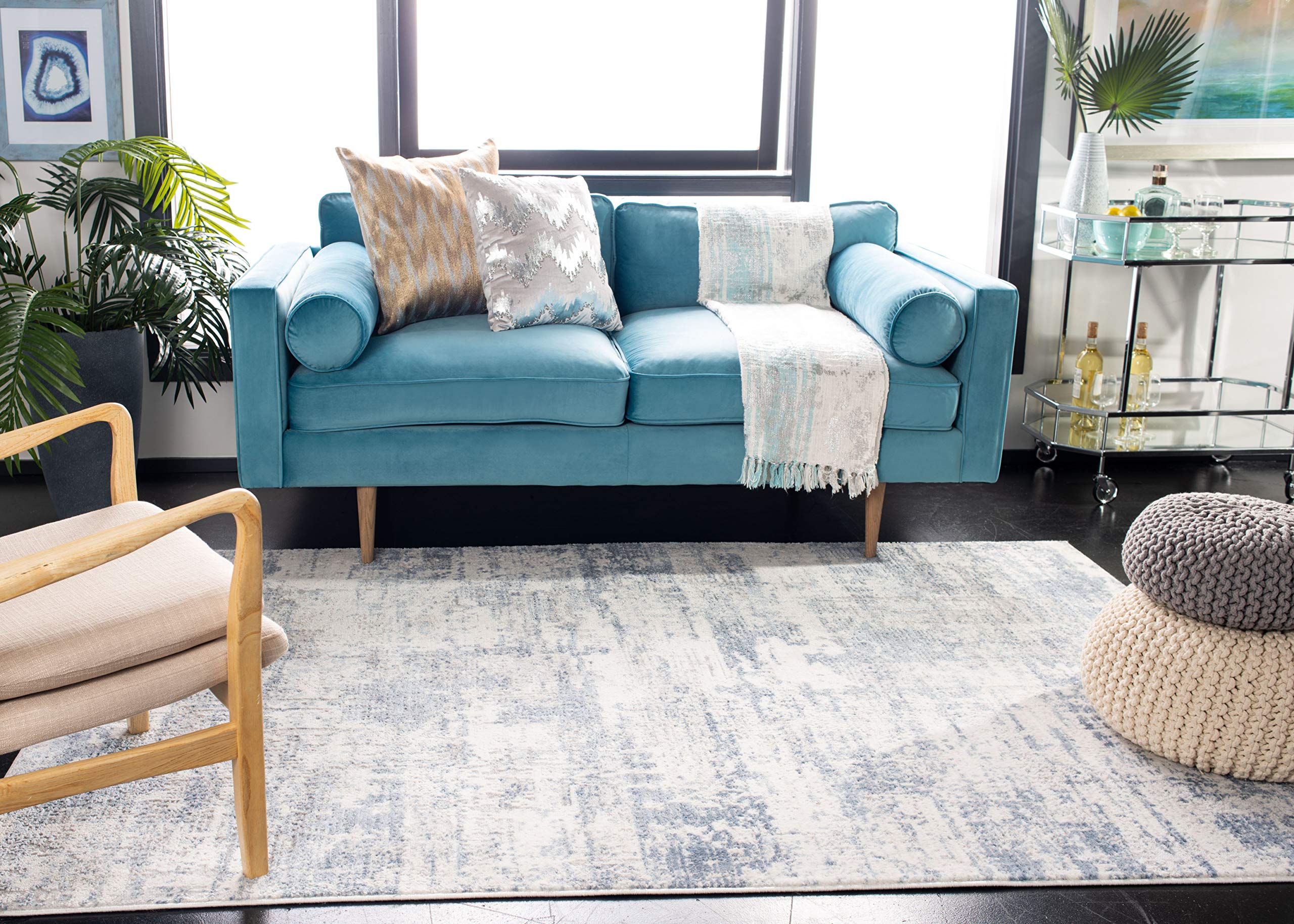 Safavieh Amelia Collection Area Rug - 9' Square, Ivory & Blue, Modern Abstract Design, Non-Shedding & Easy Care, Ideal For High