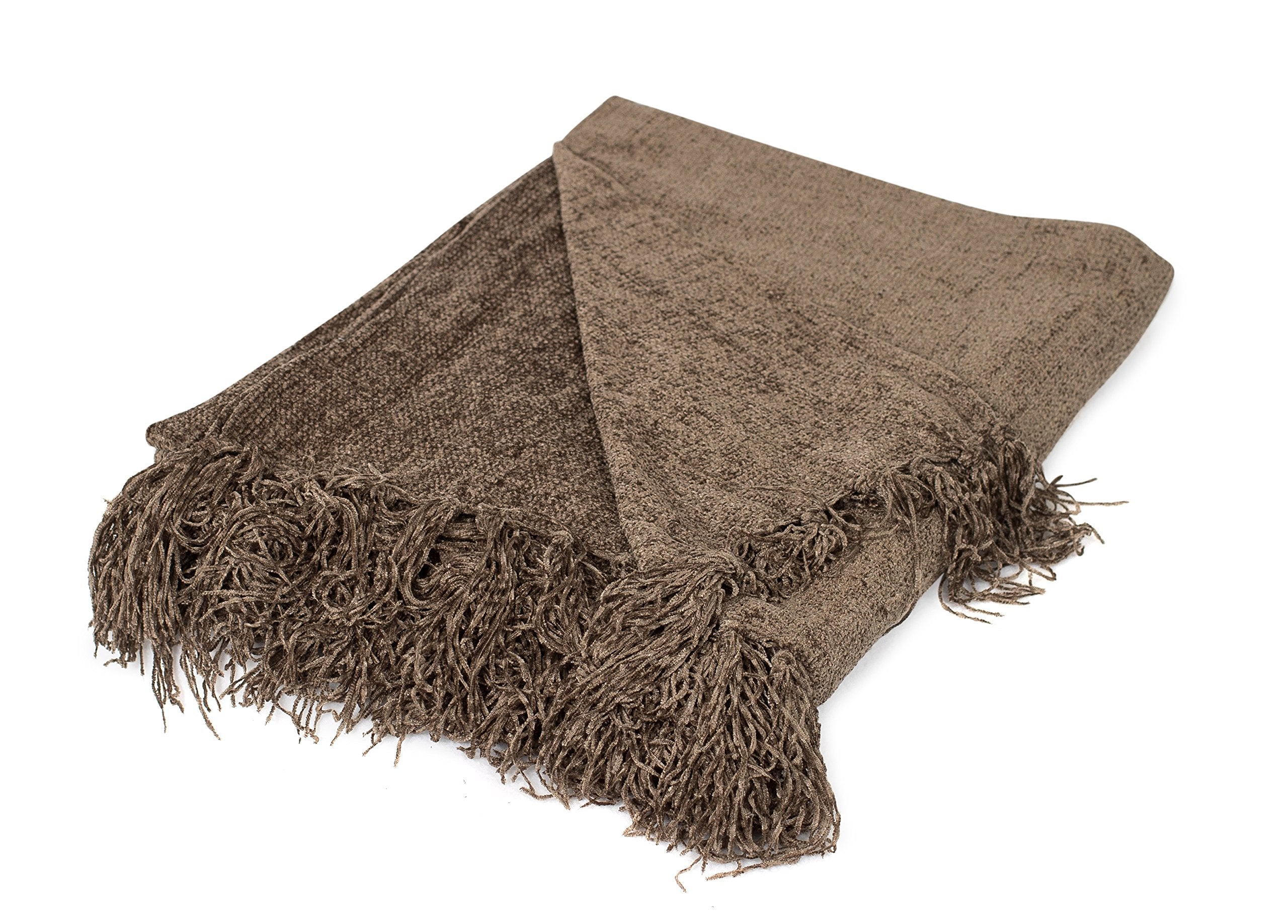 Birdrock Home Internets Best Chenille Throw Blankets - Taupe - Ultra Soft Couch Blanket With Fringe - Light Weight Sofa Throw -