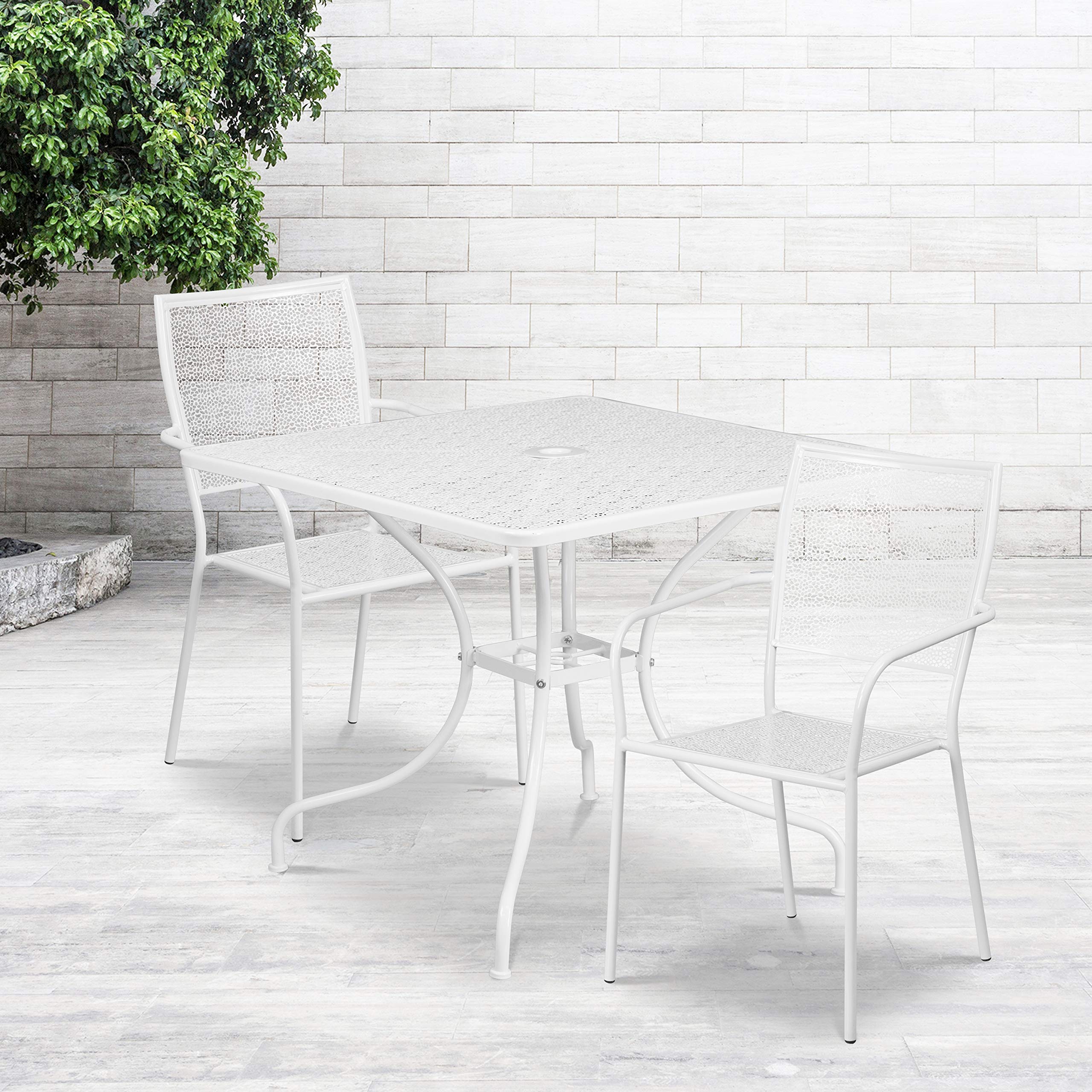 Flash Furniture Commercial Grade 35.5' Square White Indoor-Outdoor Steel Patio Table Set With 2 Square Back Chairs