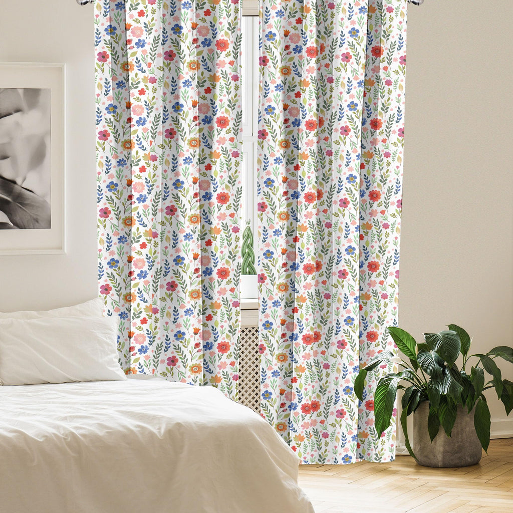 Ambesonne Watercolor Curtains, Floral Patterned Illustration Leaves And Wildflowers Abstract Botanical, Window Treatments 2 Pane