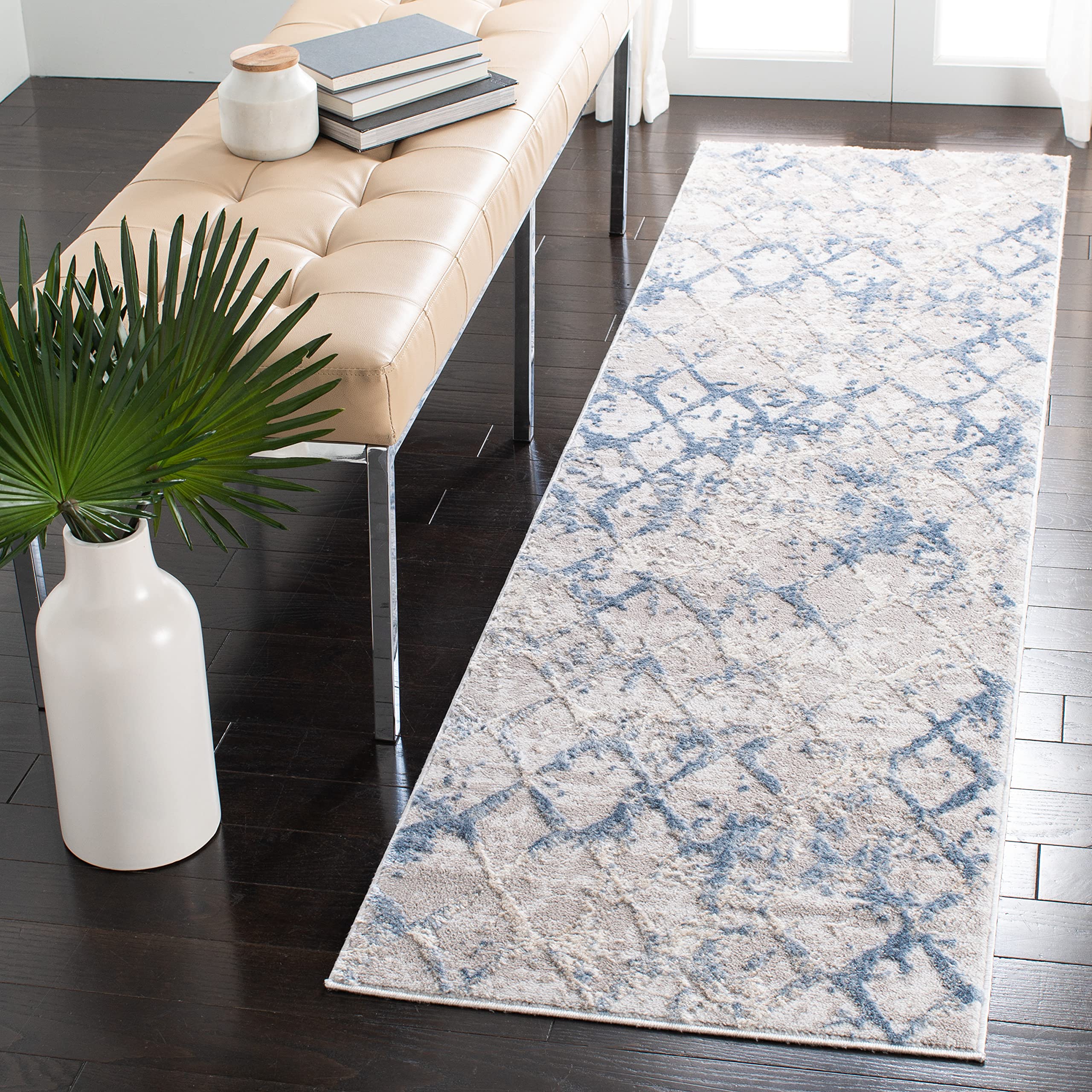 SAFAVIEH Amelia Collection Runner Rug - 22 x 16, Light Grey & Blue, Modern Trellis Distressed Design, Non-Shedding & Easy Care