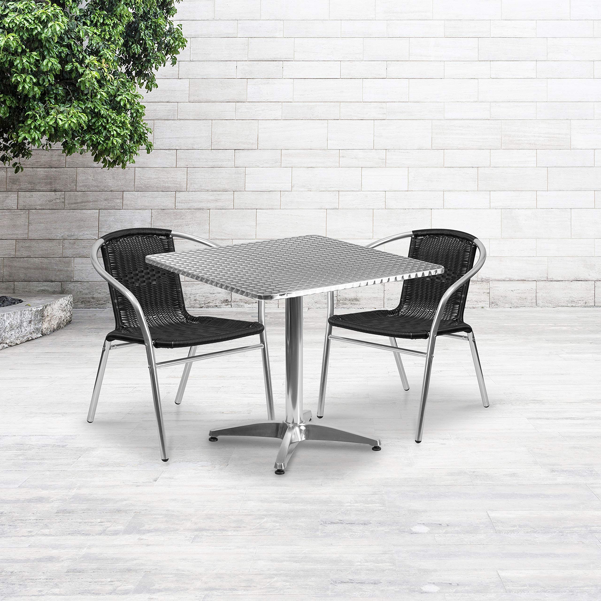 Flash Furniture Lila 31.5'' Square Aluminum Indoor-Outdoor Table Set with 2 Black Rattan Chairs