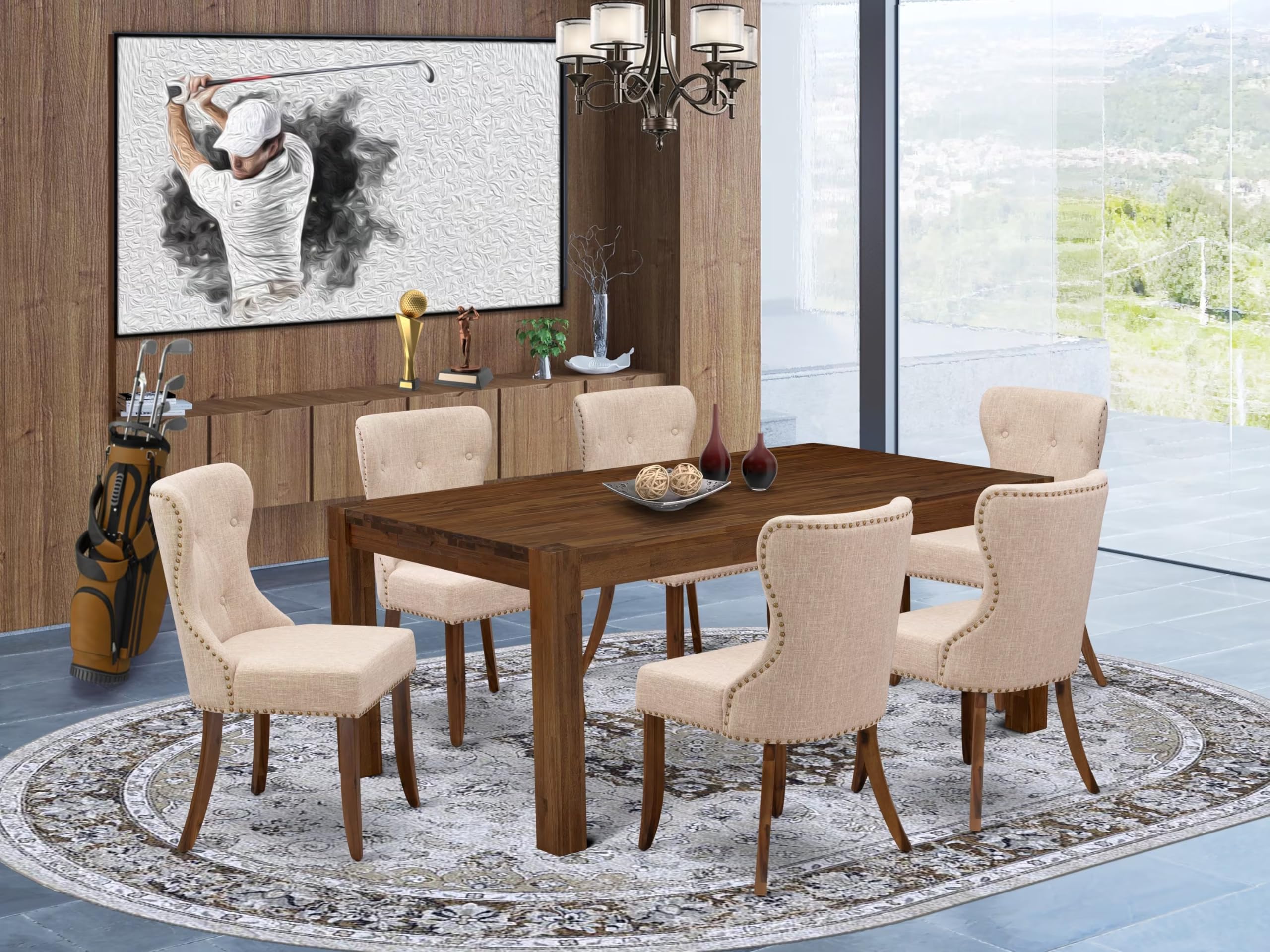 East West Furniture Lmsi7-N8-04 7 Piece Kitchen Table Set Consist Of A Rectangle Rustic Wood Dining Table And 6 Light Tan Linen Fabric Parson Dining Chairs, 40X72 Inch, Walnut