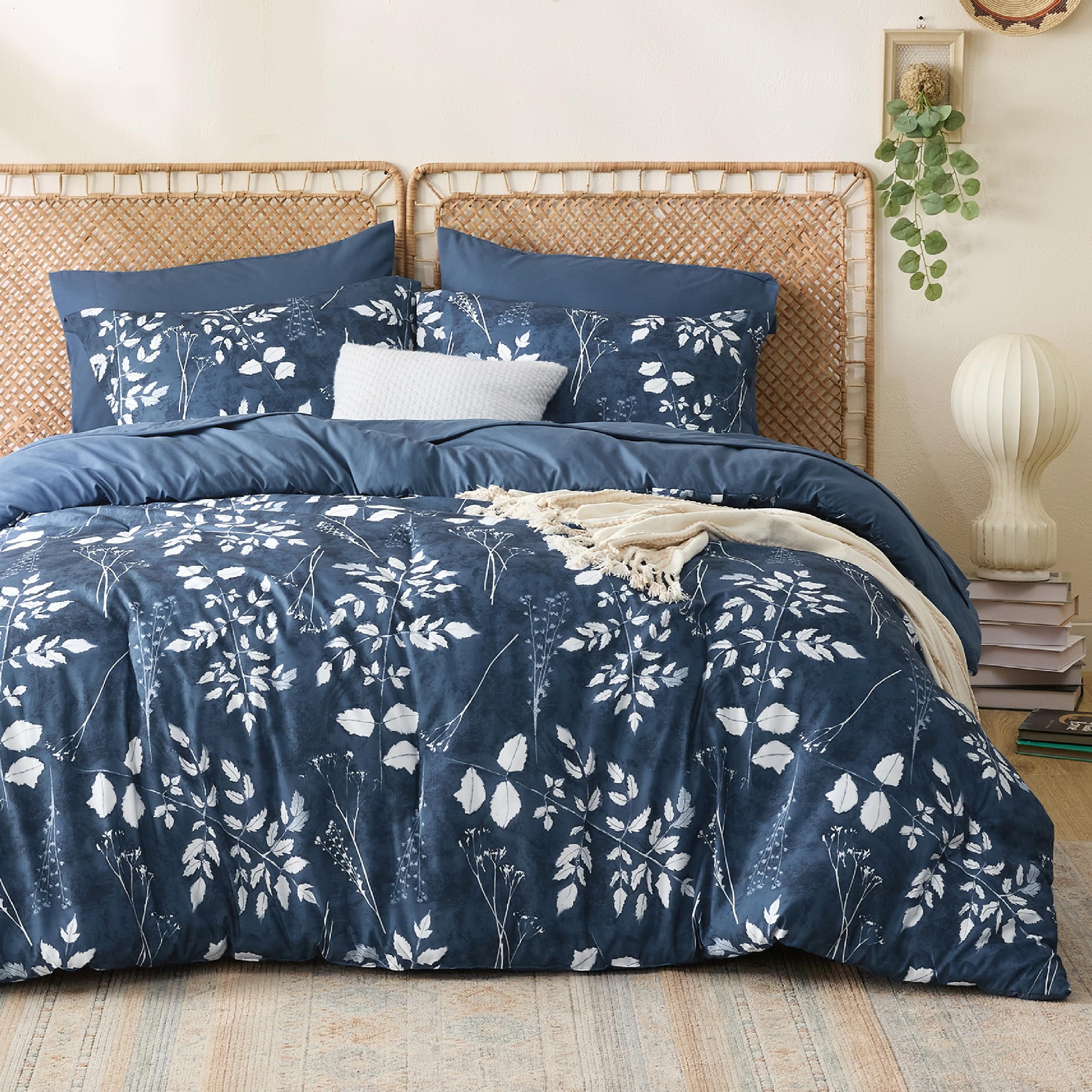 Bedsure Navy Full Comforter Set - 7 Pieces Floral Bedding Sets Full Bed In A Bag With Reversible Botanical Flowers Comforter, Sheets, Pillowcases & Shams