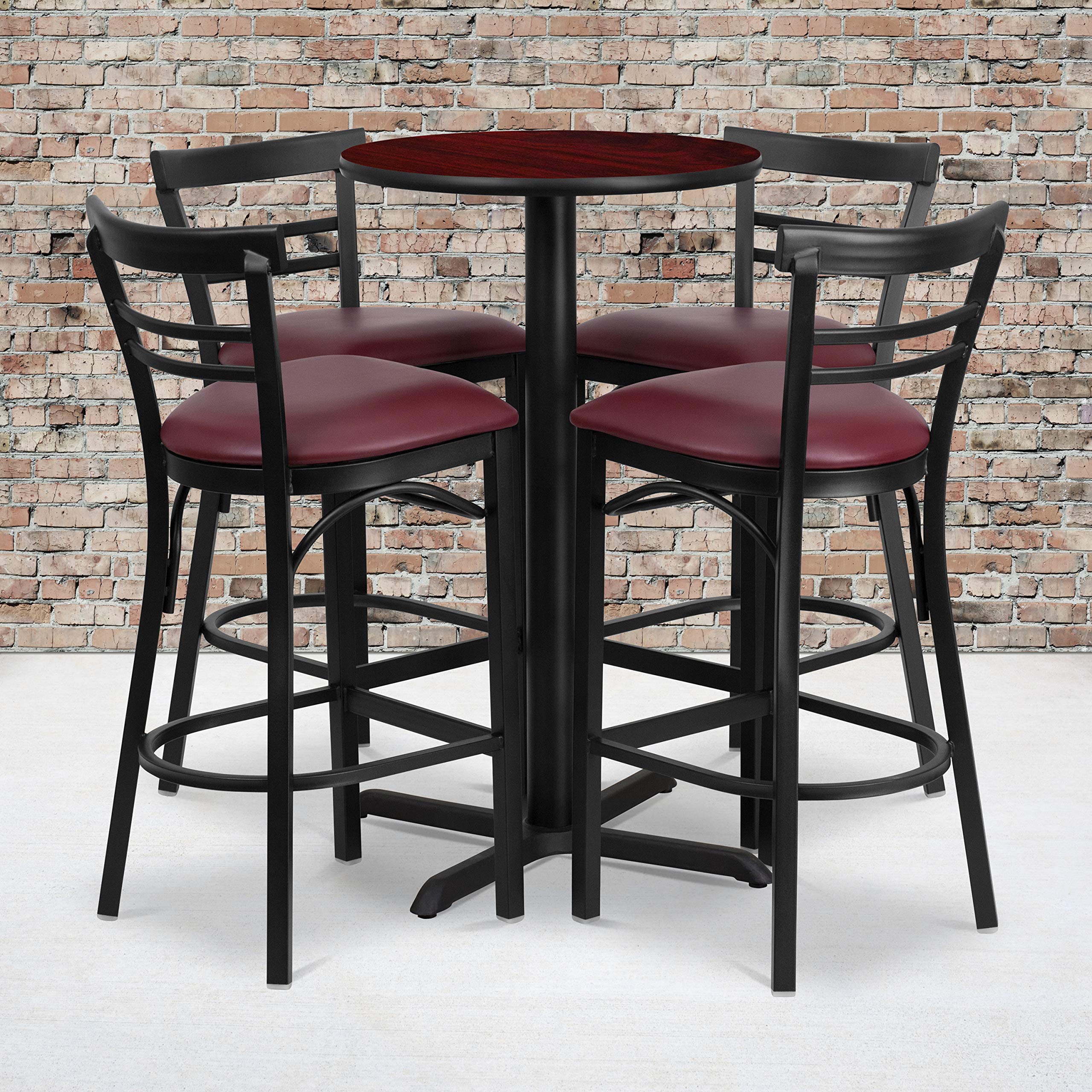 Flash Furniture Carlton 24'' Round Mahogany Laminate Table Set With X-Base And 4 Two-Slat Ladder Back Metal Barstools - Burgundy Vinyl Seat