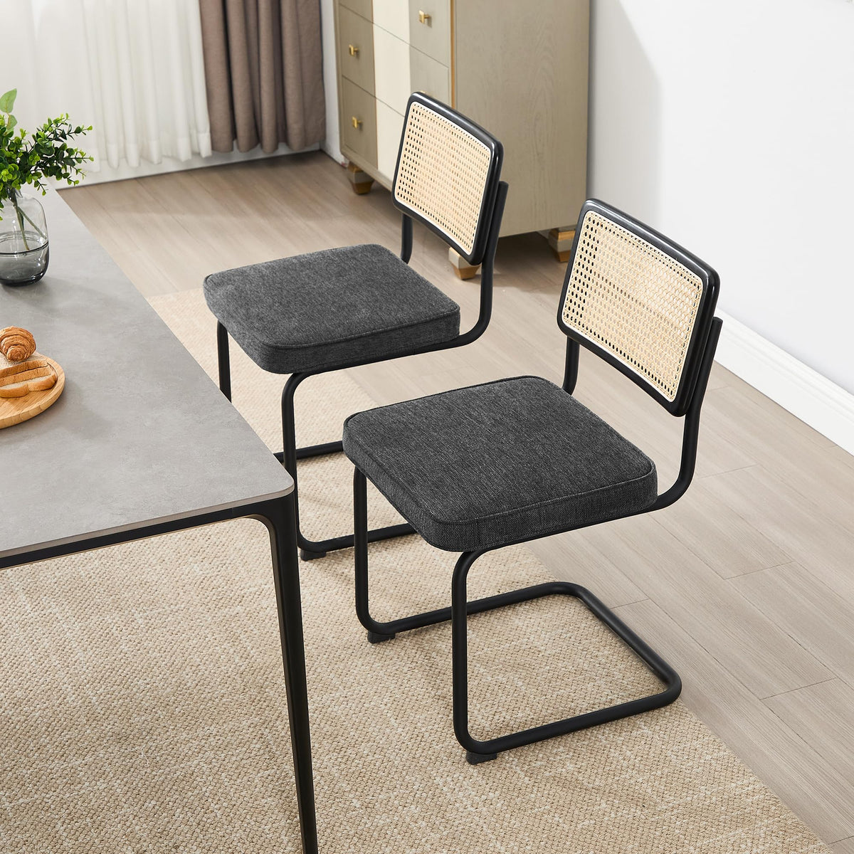 Zesthouse Natural Rattan Dining Chairs Set Of 2, Mid Century Modern Dining Chairs With Solid Wood Back & Black Matte Base For Ki