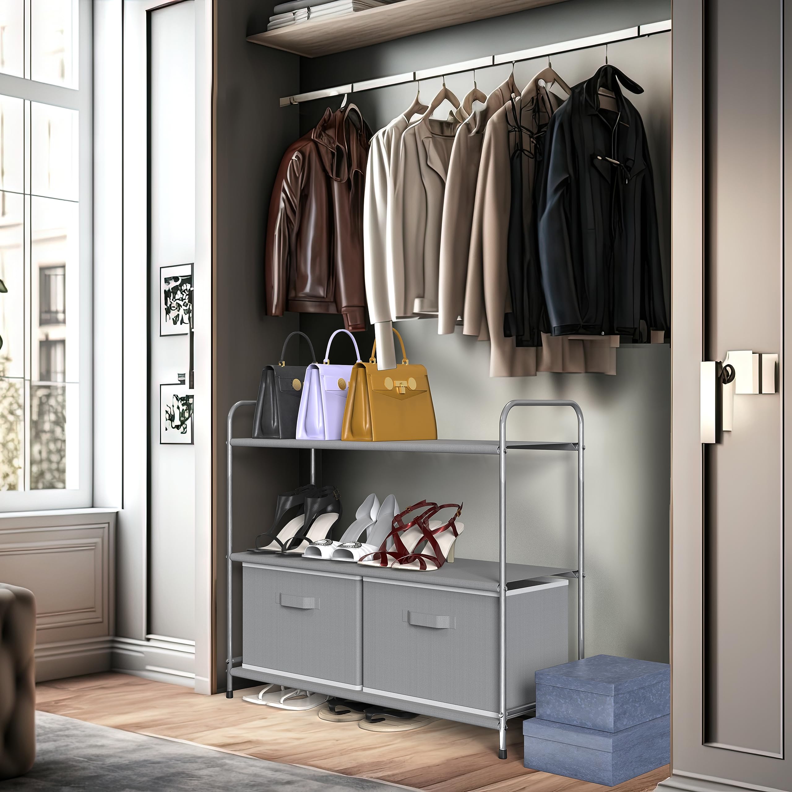 Simple Houseware 3-Tier Closet Storage With 2 Drawers, Grey