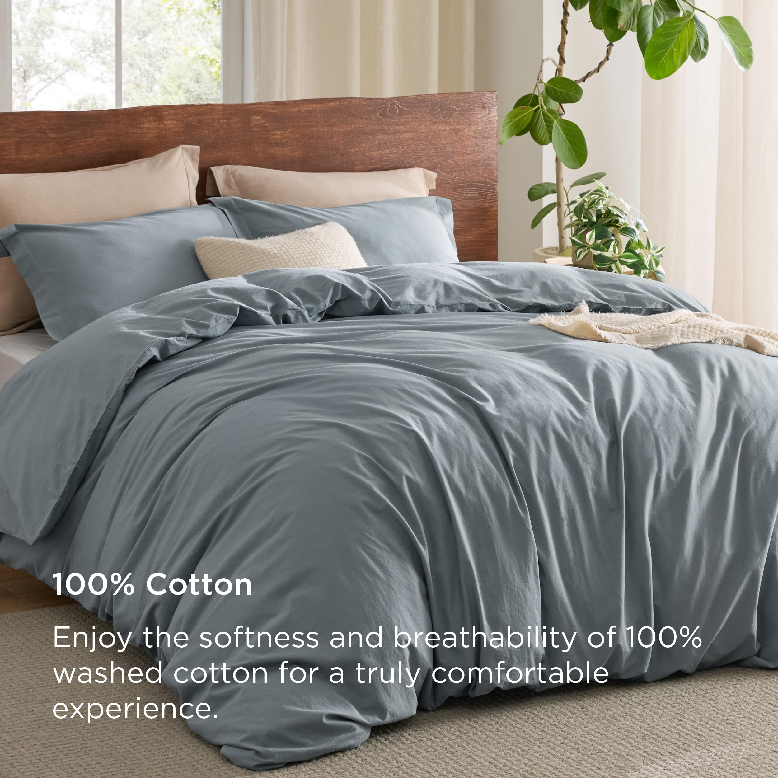 Bedsure 100% Washed Cotton Duvet Cover King Size - Grey Blue Minimalist Cotton Duvet Cover Linen Like - 3 Pieces Gentlesoft™ Plain Simple Bedding Set With 2 Pillow Shams (Grayish Blue, King, 104'X90')
