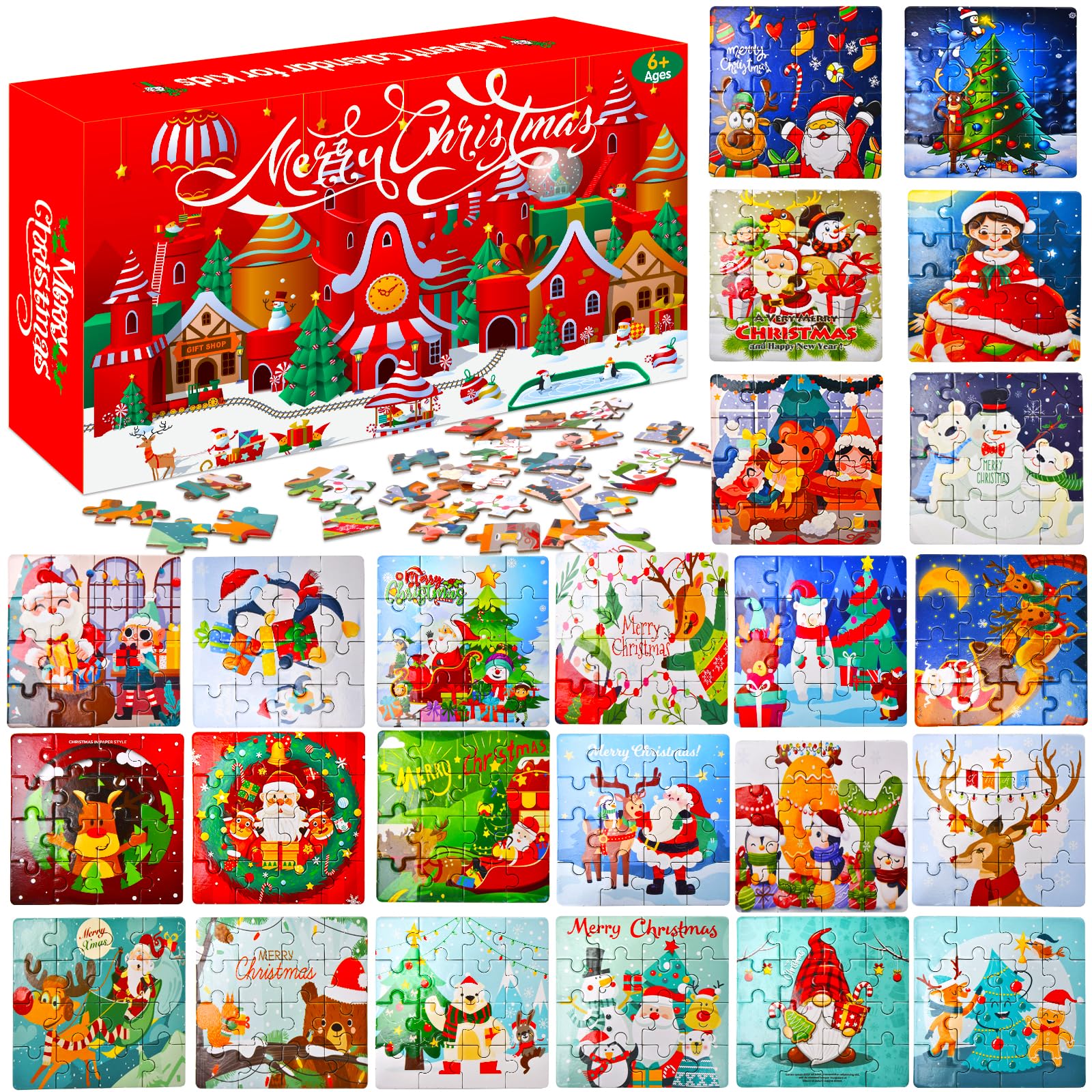 Advent Calendar 2024 Christmas Jigsaw Puzzles - 24 Days Xmas Countdown Calendars - 24Pcs Advent Calendar for Kids - Stocking Stu