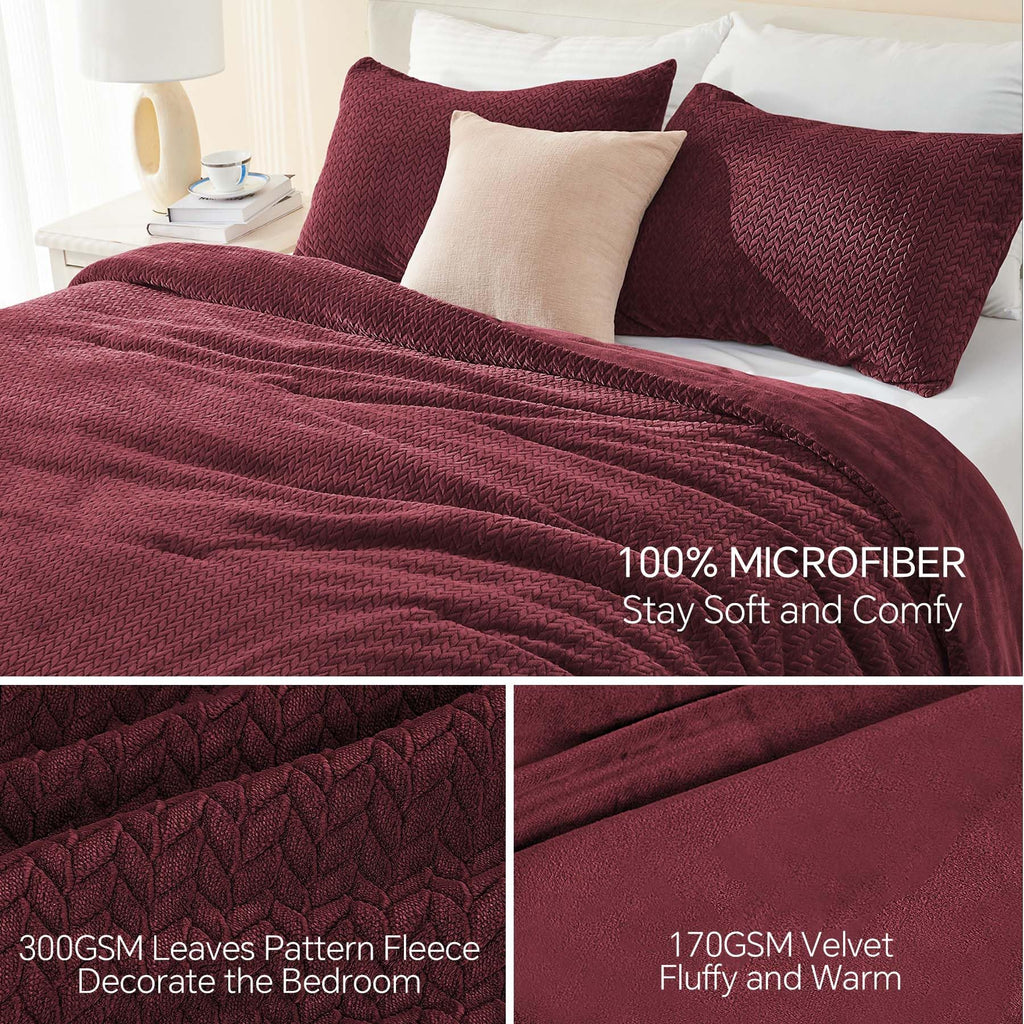 Chixpace Fluffy Queen Comforter Set - Furry Burgundy Leaves Pattern Faux Fur Bed Set, Winter Ultra Soft Fuzzy Comfort Set, Velve