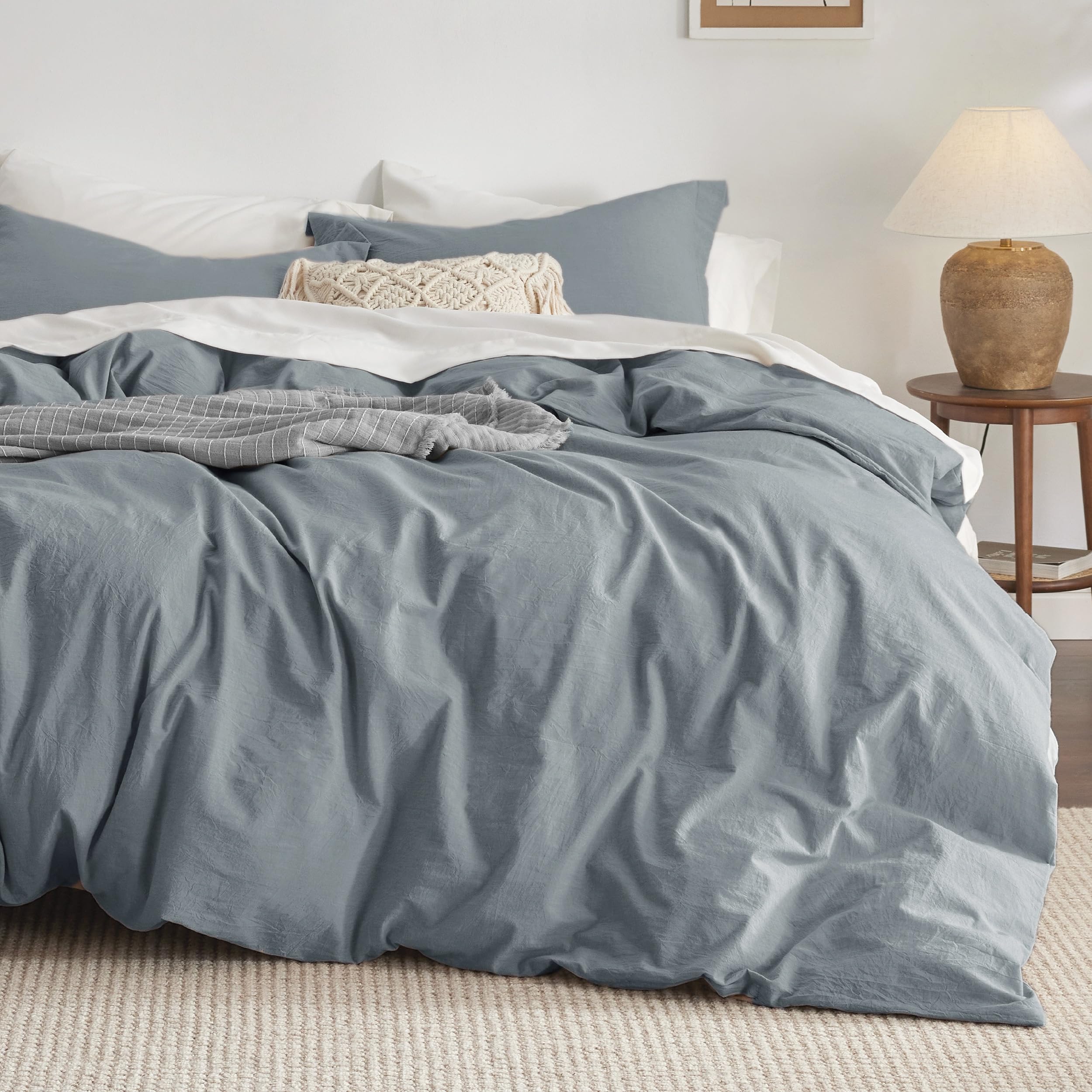 Bedsure 100% Washed Cotton Duvet Cover King Size - Grey Blue Minimalist Cotton Duvet Cover Linen Like - 3 Pieces Gentlesoft™ Plain Simple Bedding Set With 2 Pillow Shams (Grayish Blue, King, 104'X90')