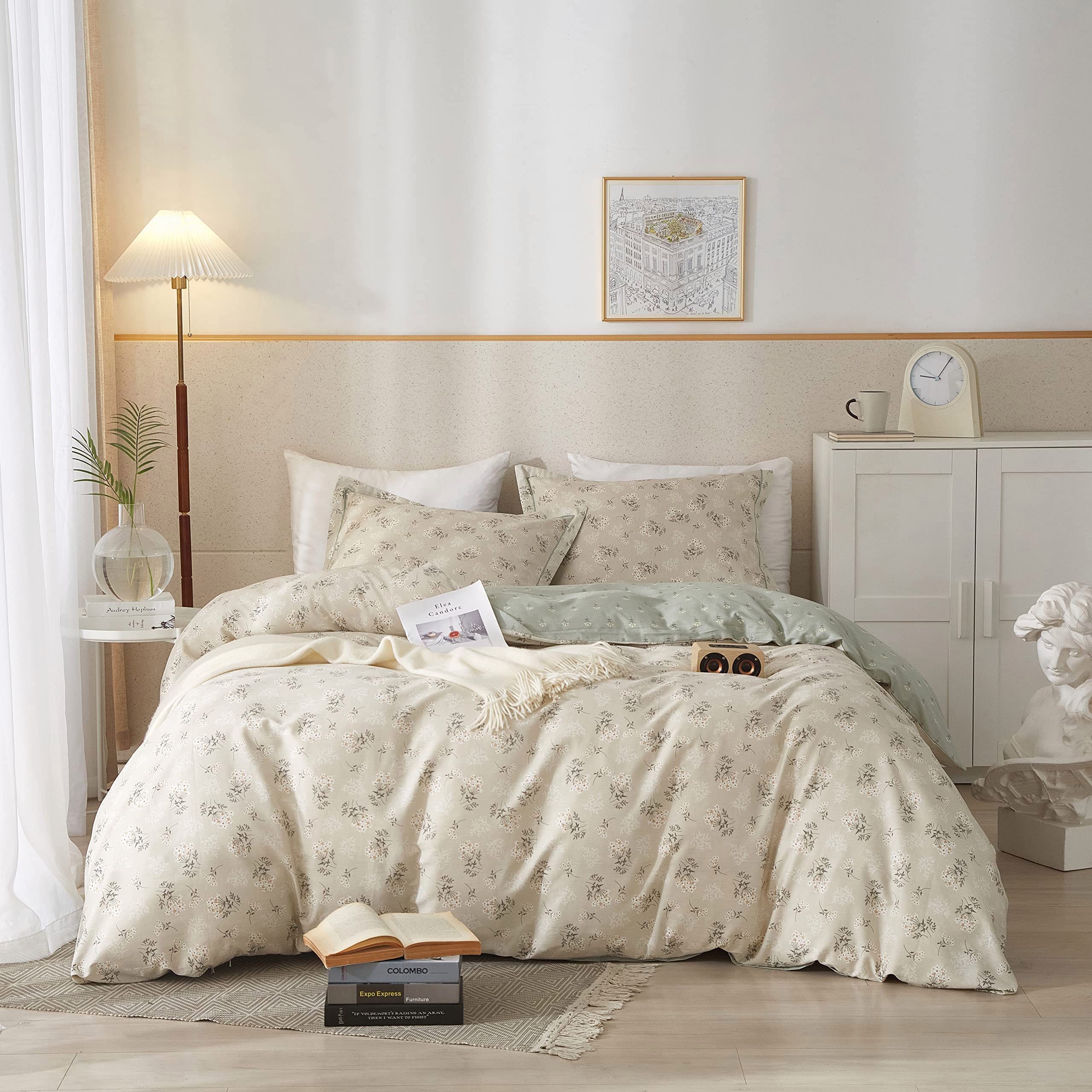 Dreamingo Cottagecore Floral Queen Cotton Floral Bedding Set Reversible Farmhouse Floral Comforter Cover Sets Preppy Room Decor