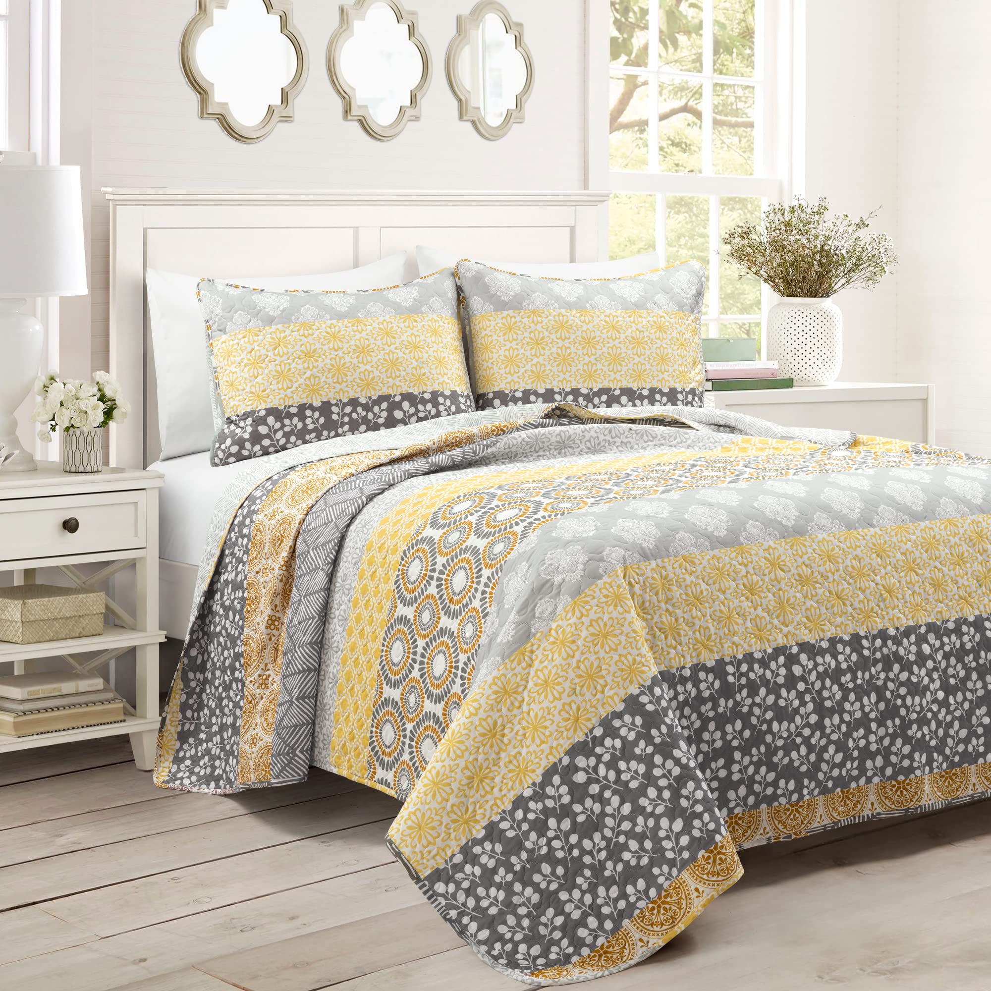 Lush Decor Bohemian Stripe Reversible Cotton Quilt Set, 3 Piece Set, King, Yellow & Gray - Boho Bedding Set - Bold & Colorful -