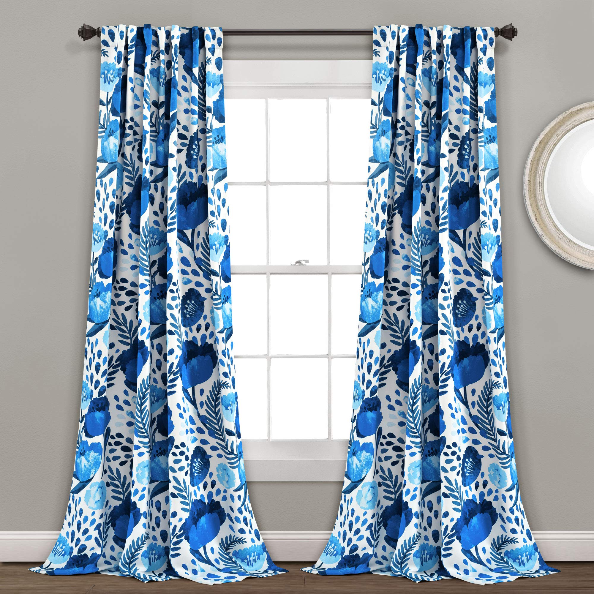 Lush Decor, Blue Poppy Garden Curtains Light Filtering Window Panel Set For Living, Dining, Bedroom (Pair) 95    X 52'